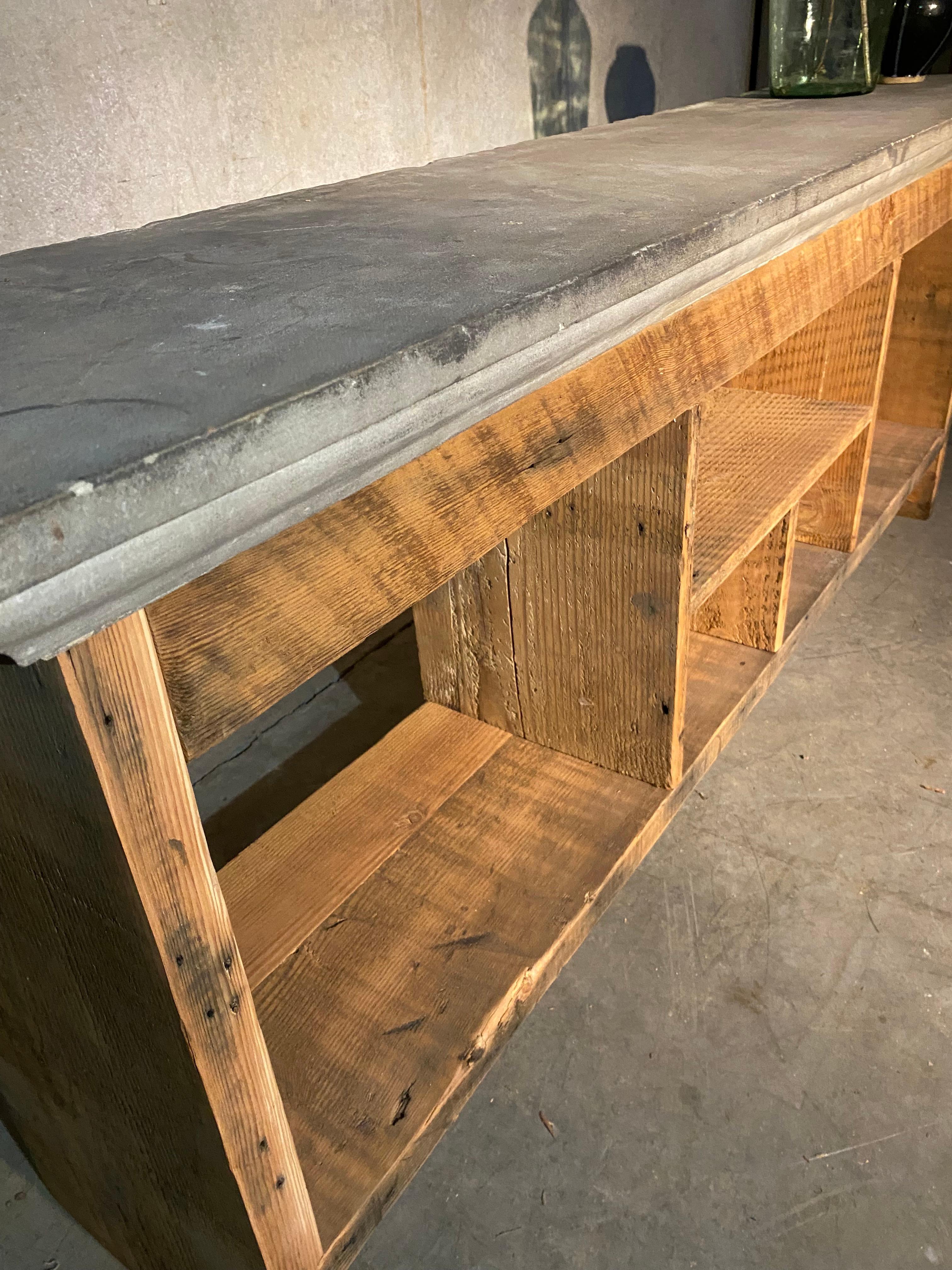 Bespoke Console/ Sofa Table in Reclaimed Wood with Limestone Top In Good Condition In Surrey, BC