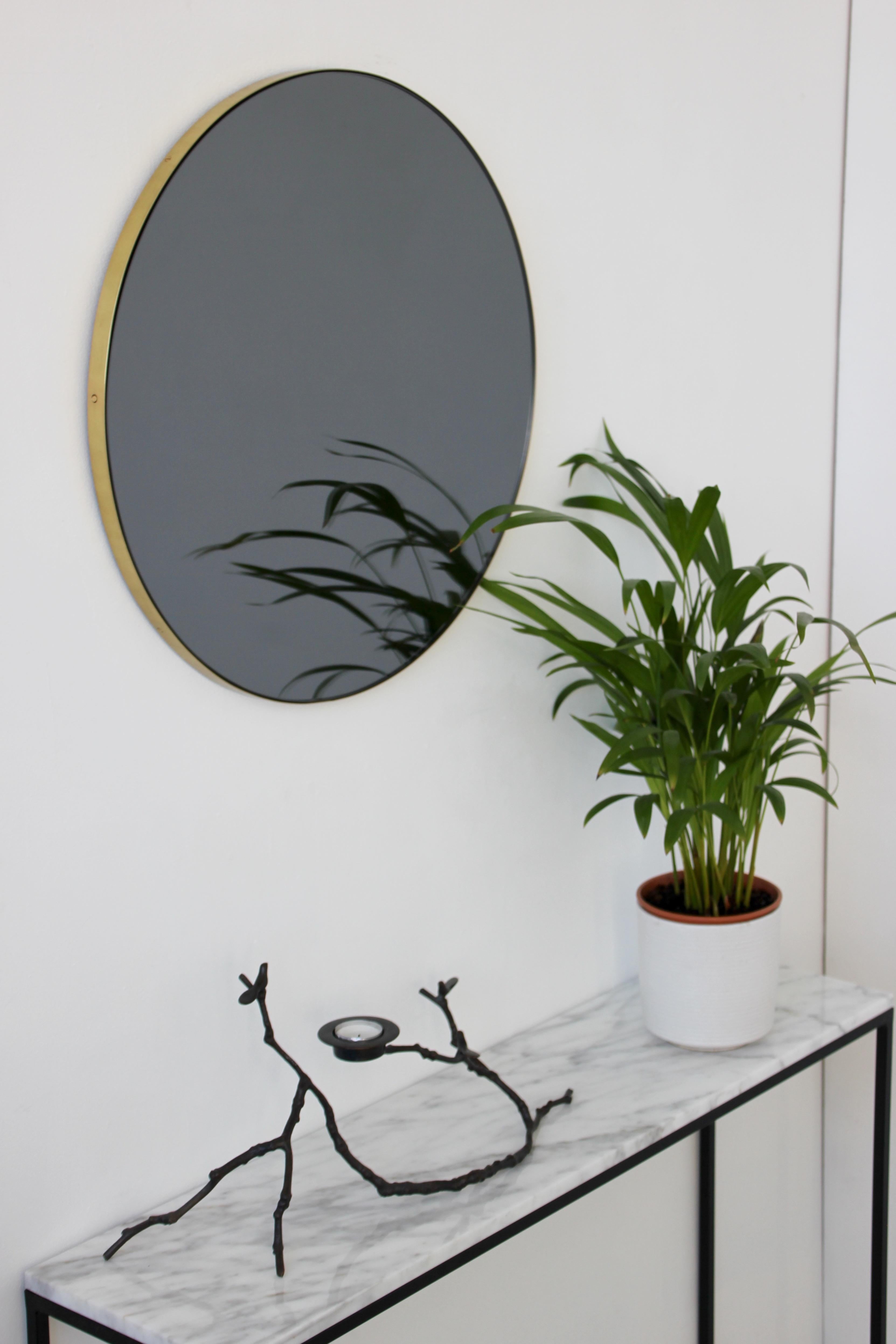 Organic Modern Orbis Black Tinted Round Contemporary Mirror with Brass Frame, Large For Sale