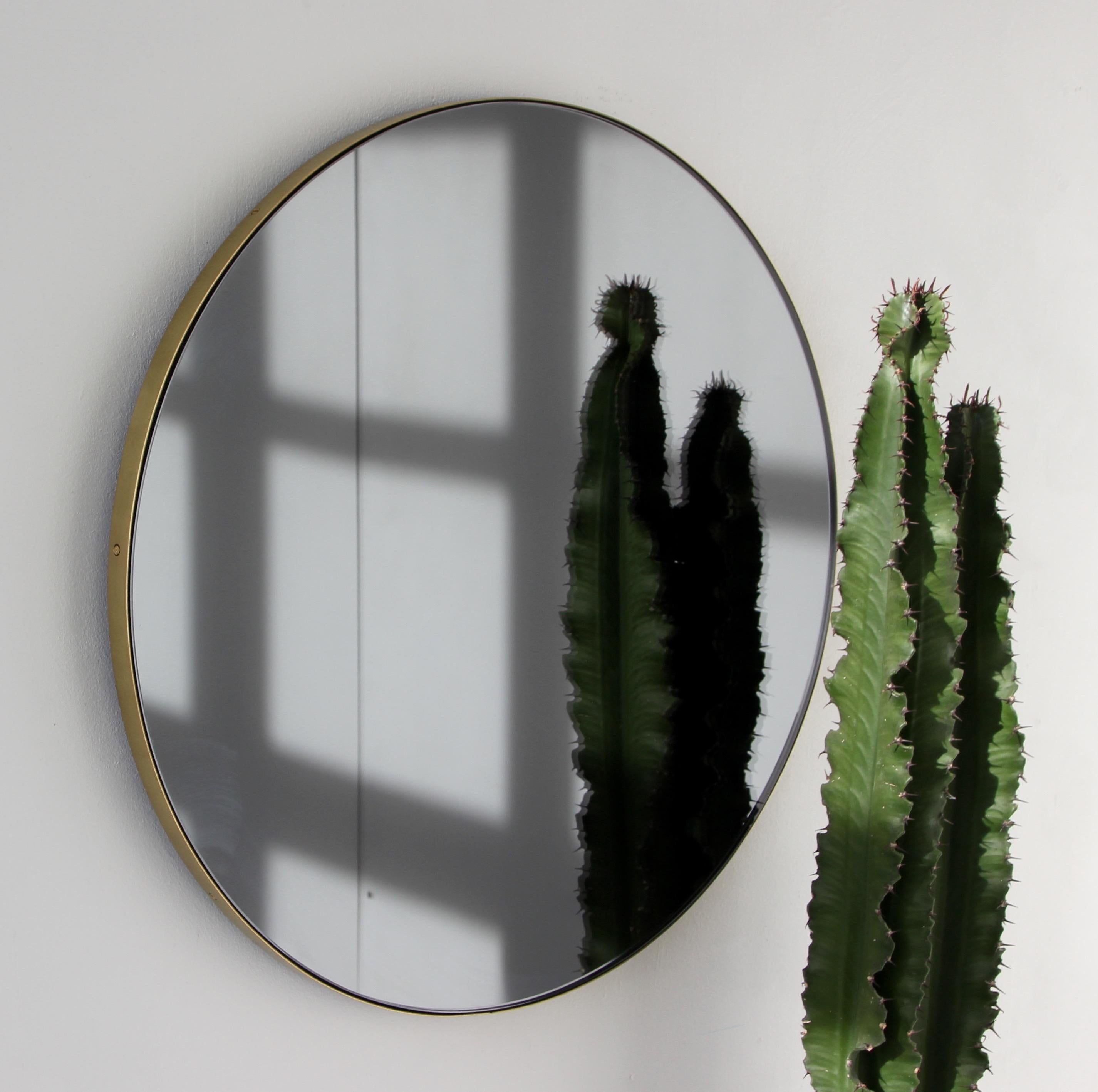 British Orbis Black Tinted Round Contemporary Mirror with Brass Frame, Large For Sale