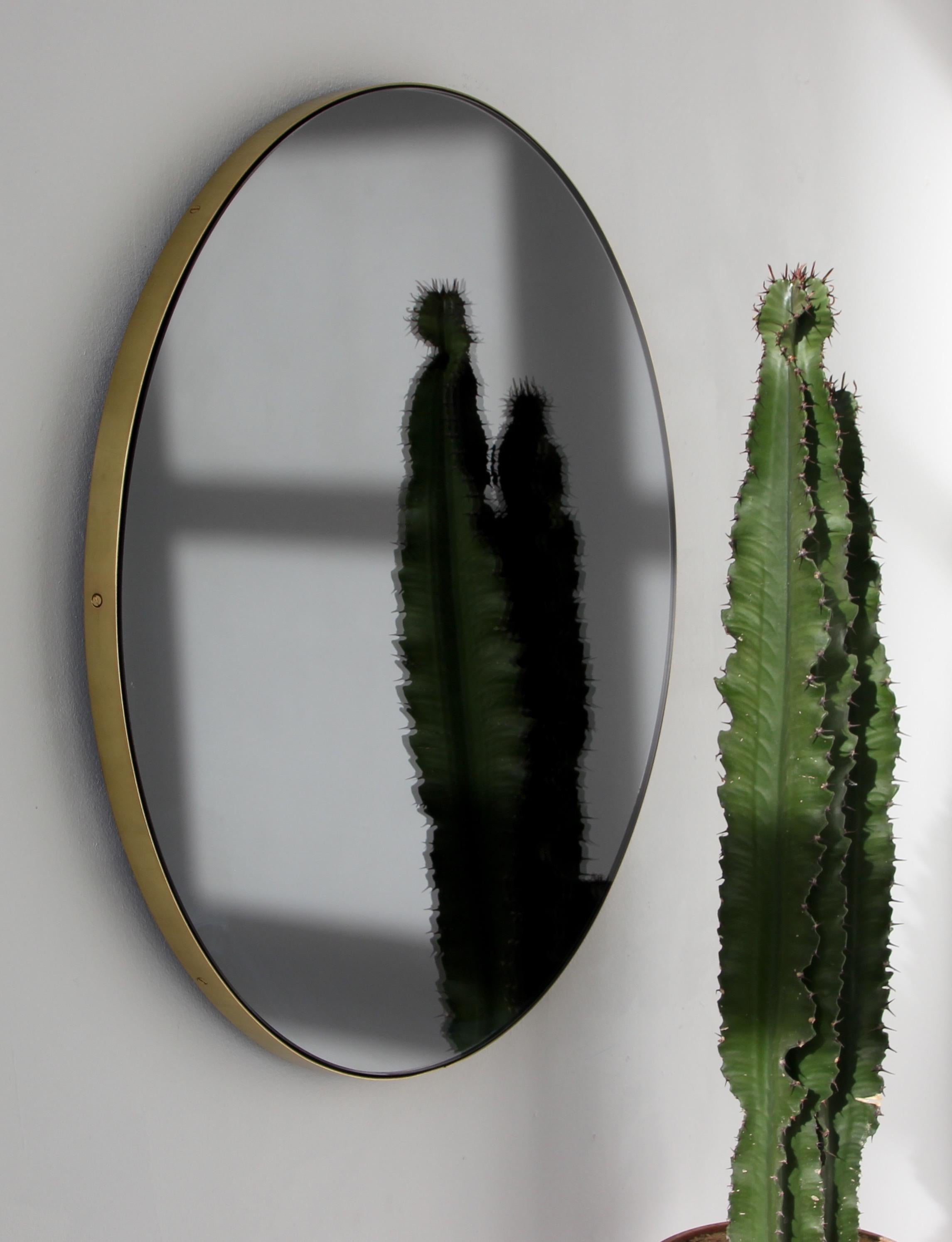 Brushed Orbis Black Tinted Round Contemporary Mirror with Brass Frame, Large For Sale