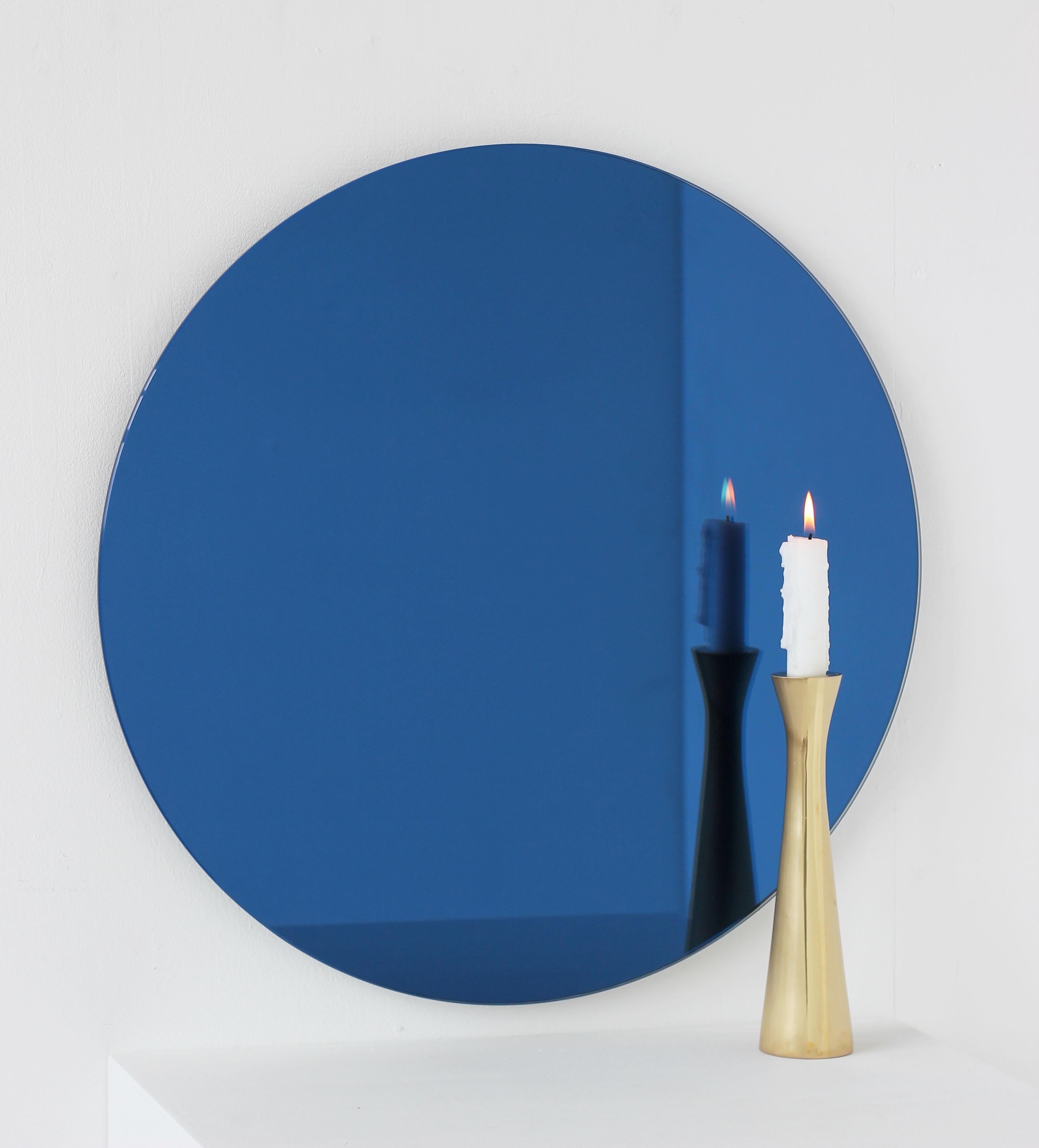 Organic Modern Orbis Blue Tinted Round Minimalist Frameless Mirror with Floating Effect, Large For Sale