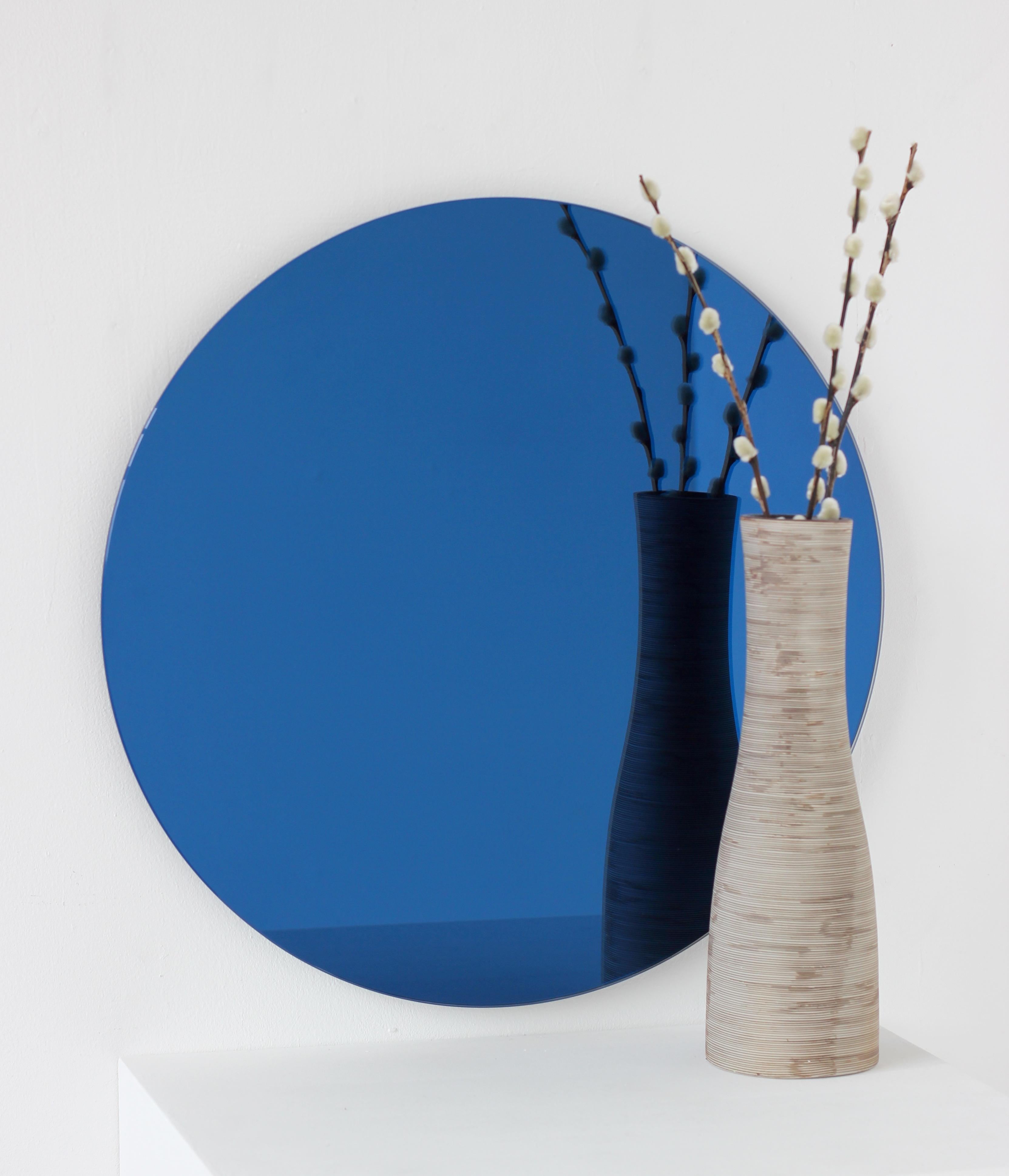 British Orbis Blue Tinted Round Minimalist Frameless Mirror with Floating Effect, Large For Sale