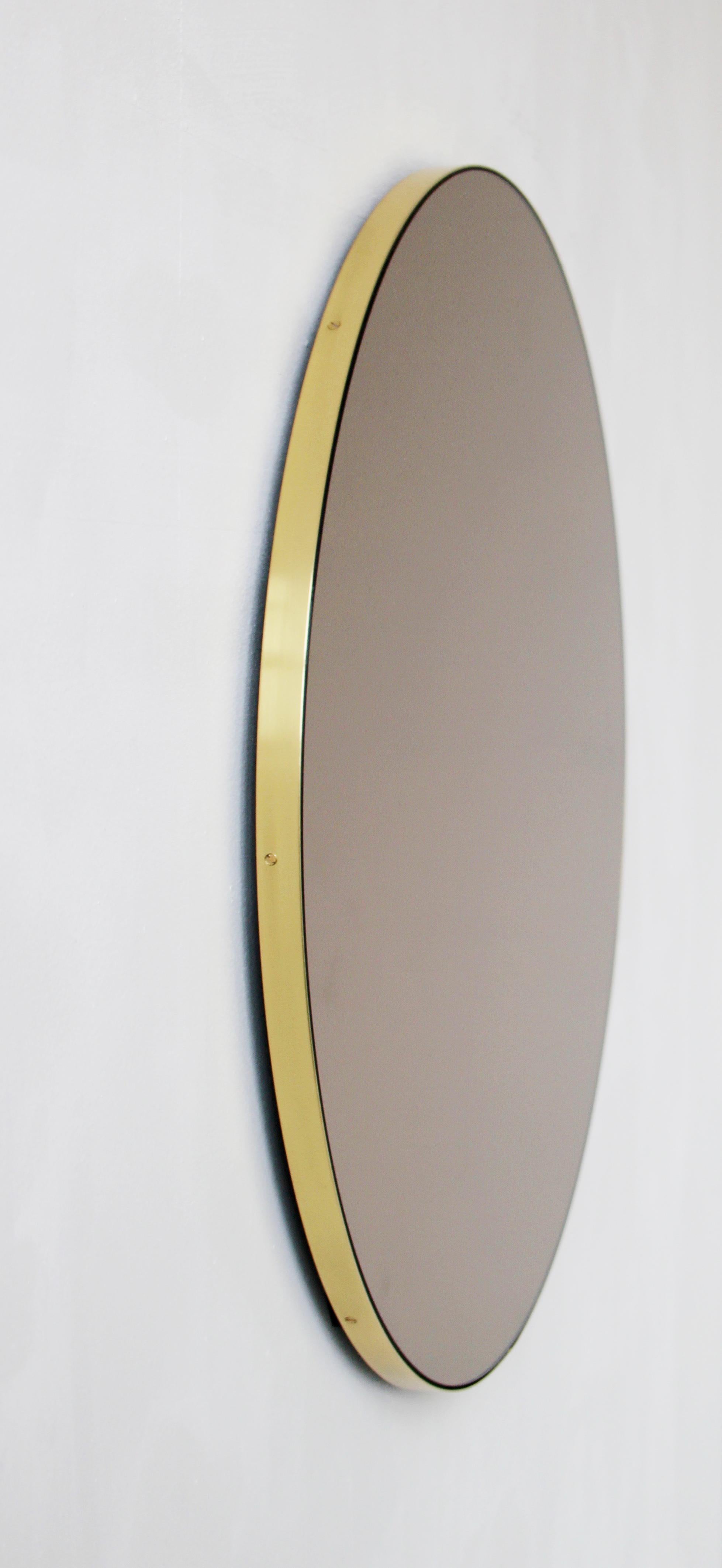 Modern Orbis Bronze Tinted Contemporary Round Mirror with Brass Frame, Large For Sale