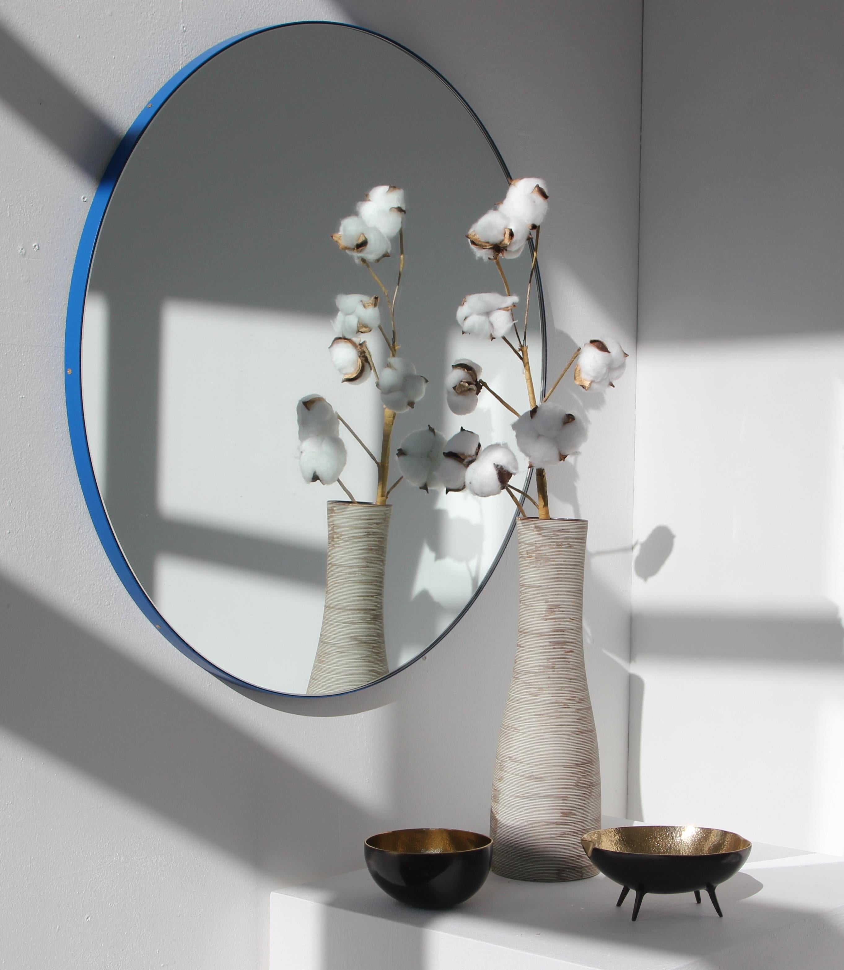 Organic Modern Orbis™ Round Modern Customizable Mirror with Blue Frame - Large
