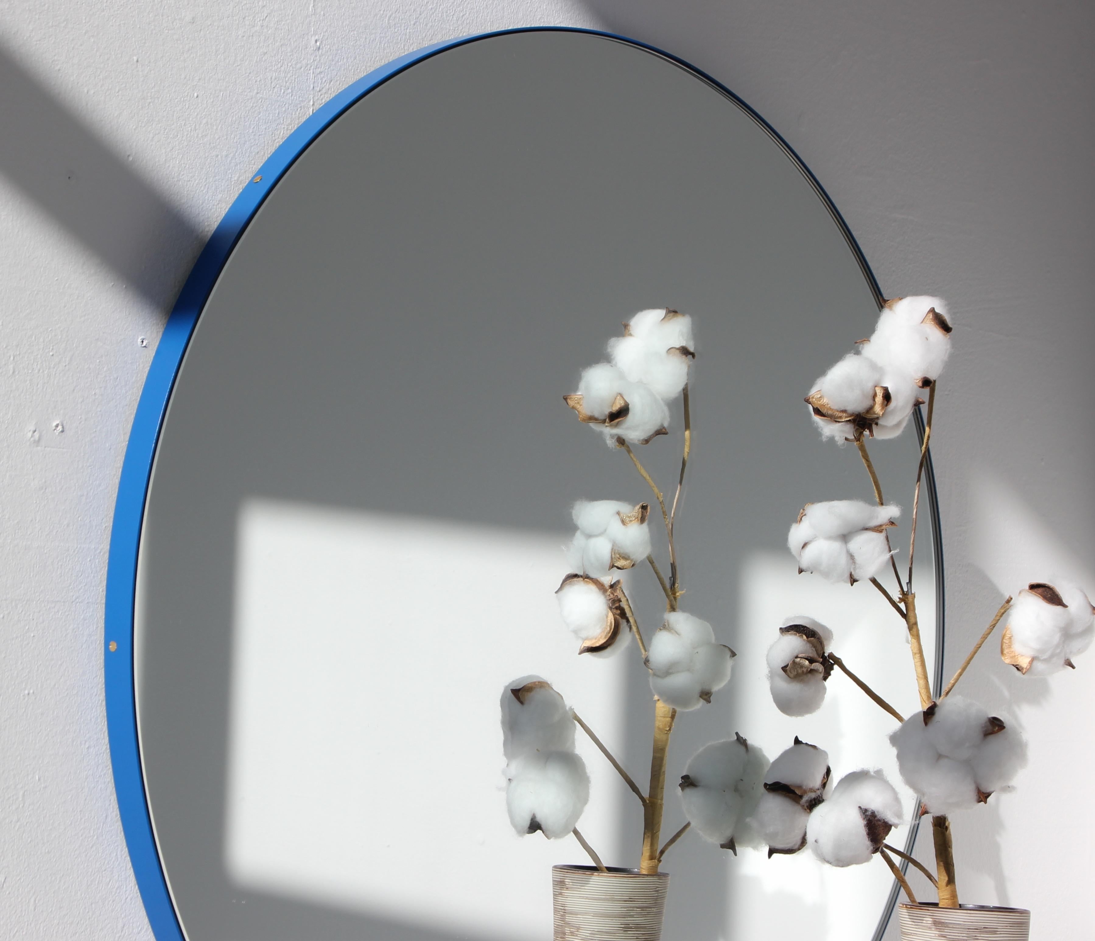 Powder-Coated Orbis™ Round Modern Customizable Mirror with Blue Frame - Large