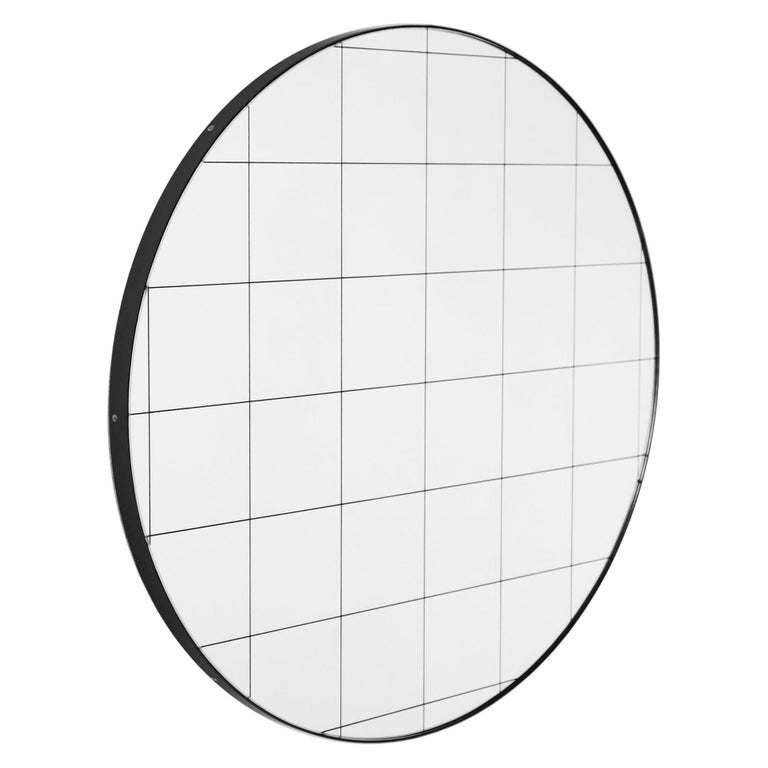 Orbis Black Grid Round Minimalist Bespoke Mirror with Black Frame Large For Sale at 1stDibs