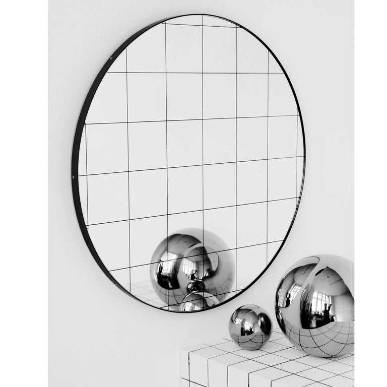 Orbis Black Grid Round Minimalist Bespoke Mirror with Black Frame