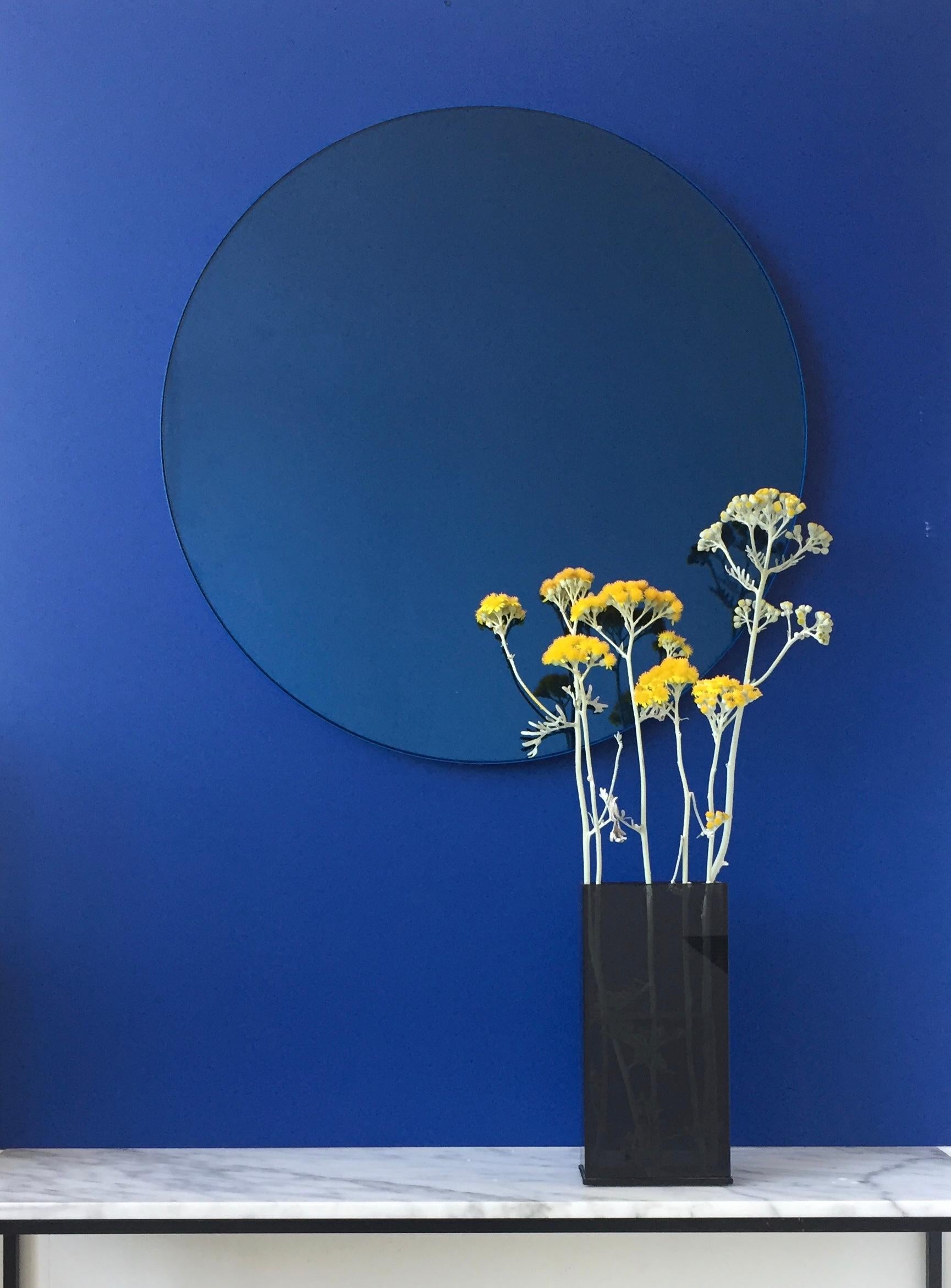 Powder-Coated Orbis Blue Tinted Decorative Round Mirror with a Blue Frame, Large For Sale