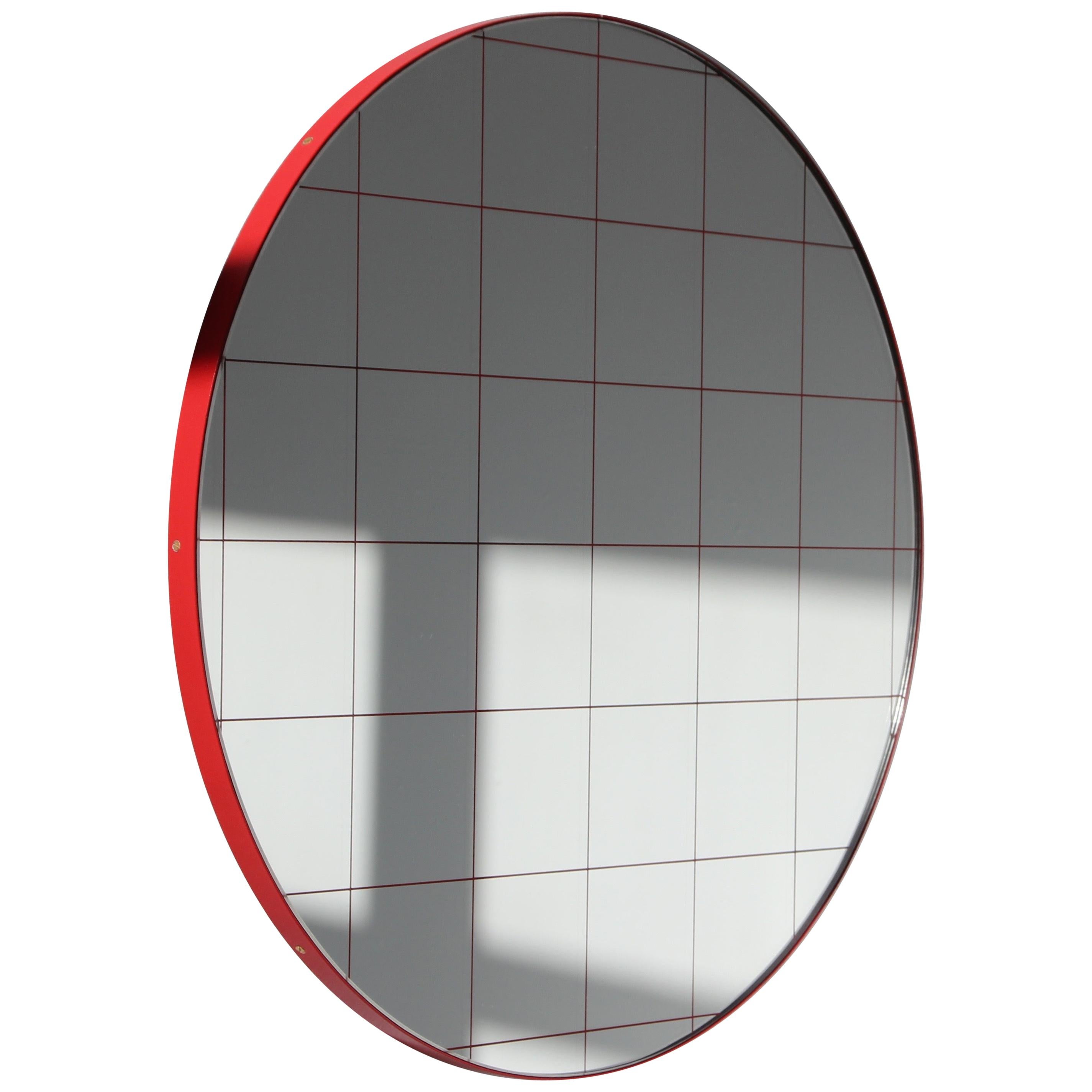 Orbis Red Grid Round Contemporary Mirror with Red Frame, Large