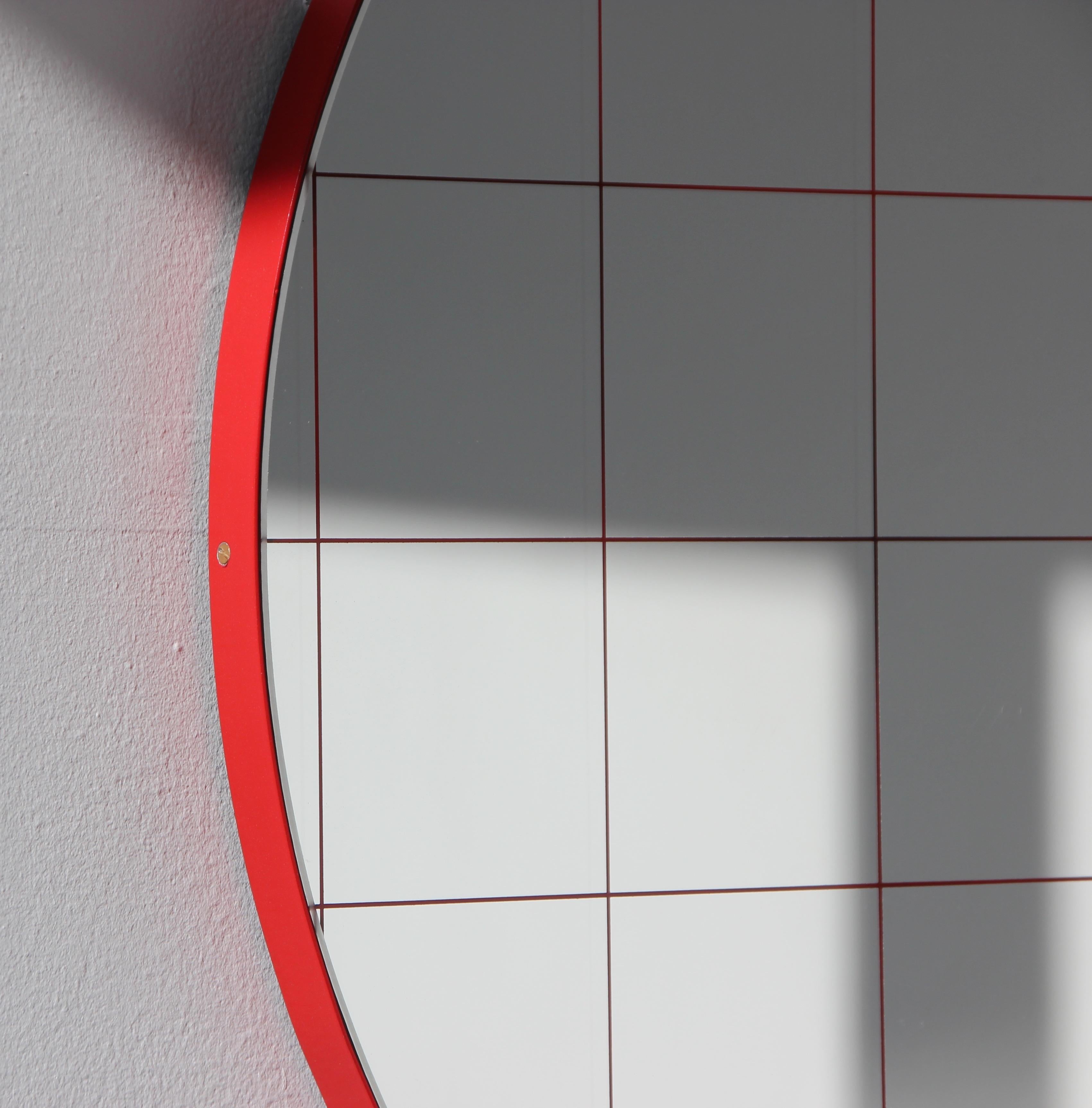 Orbis Red Grid Round Contemporary Mirror with Red Frame - Large For ...
