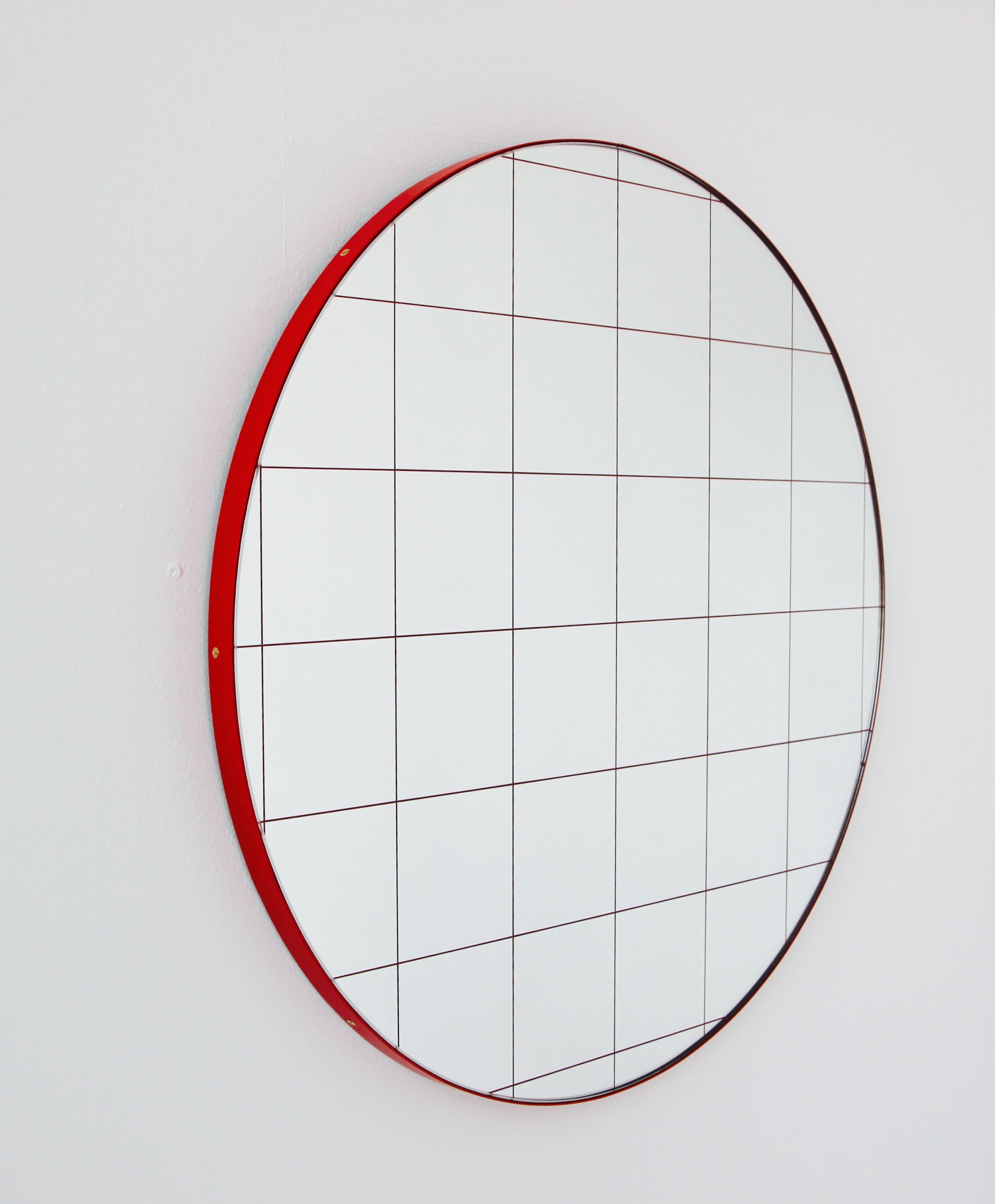 Organic Modern Orbis Red Grid Round Contemporary Mirror with Red Frame, Large