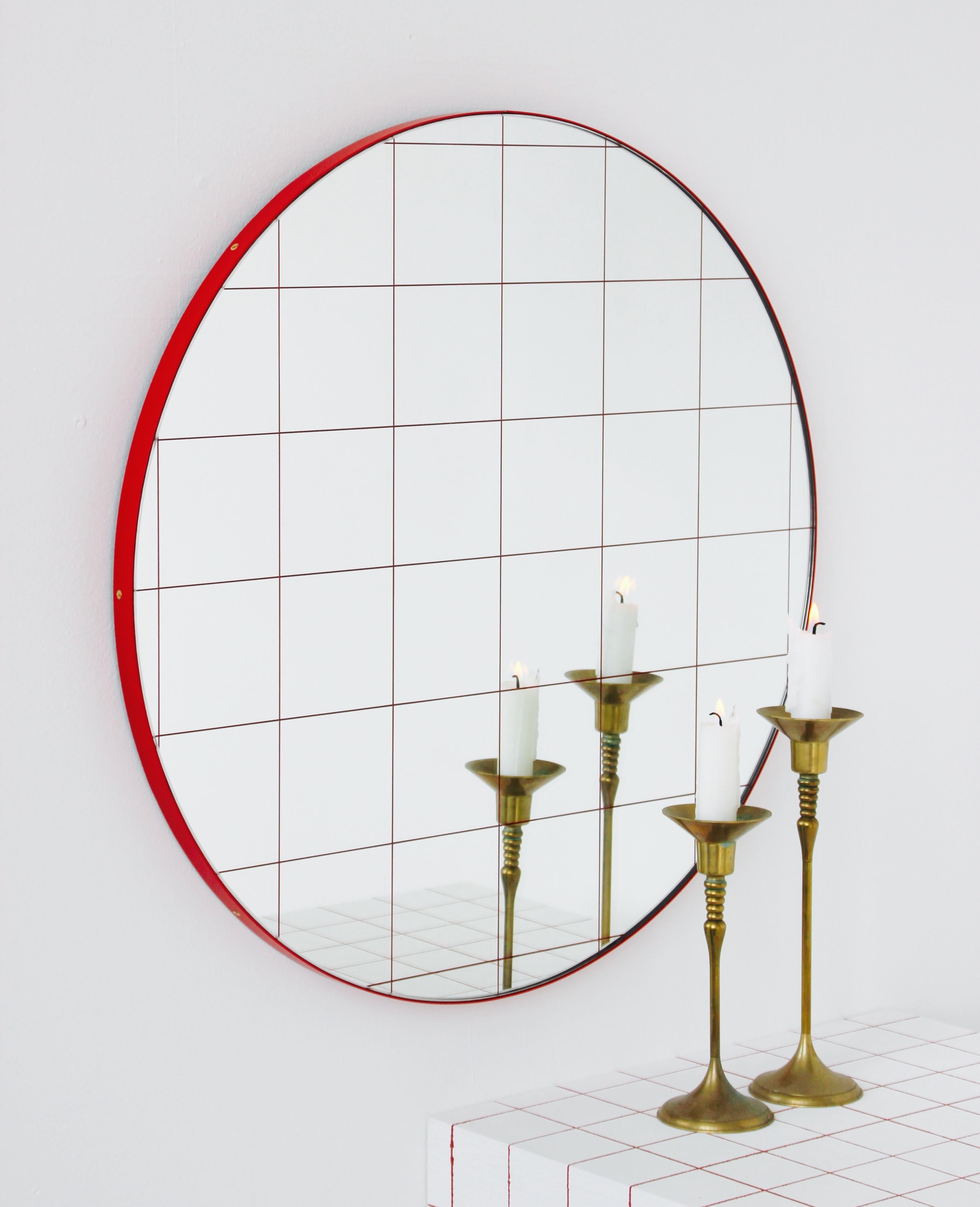 Sandblasted Orbis Red Grid Round Contemporary Mirror with Red Frame, Large