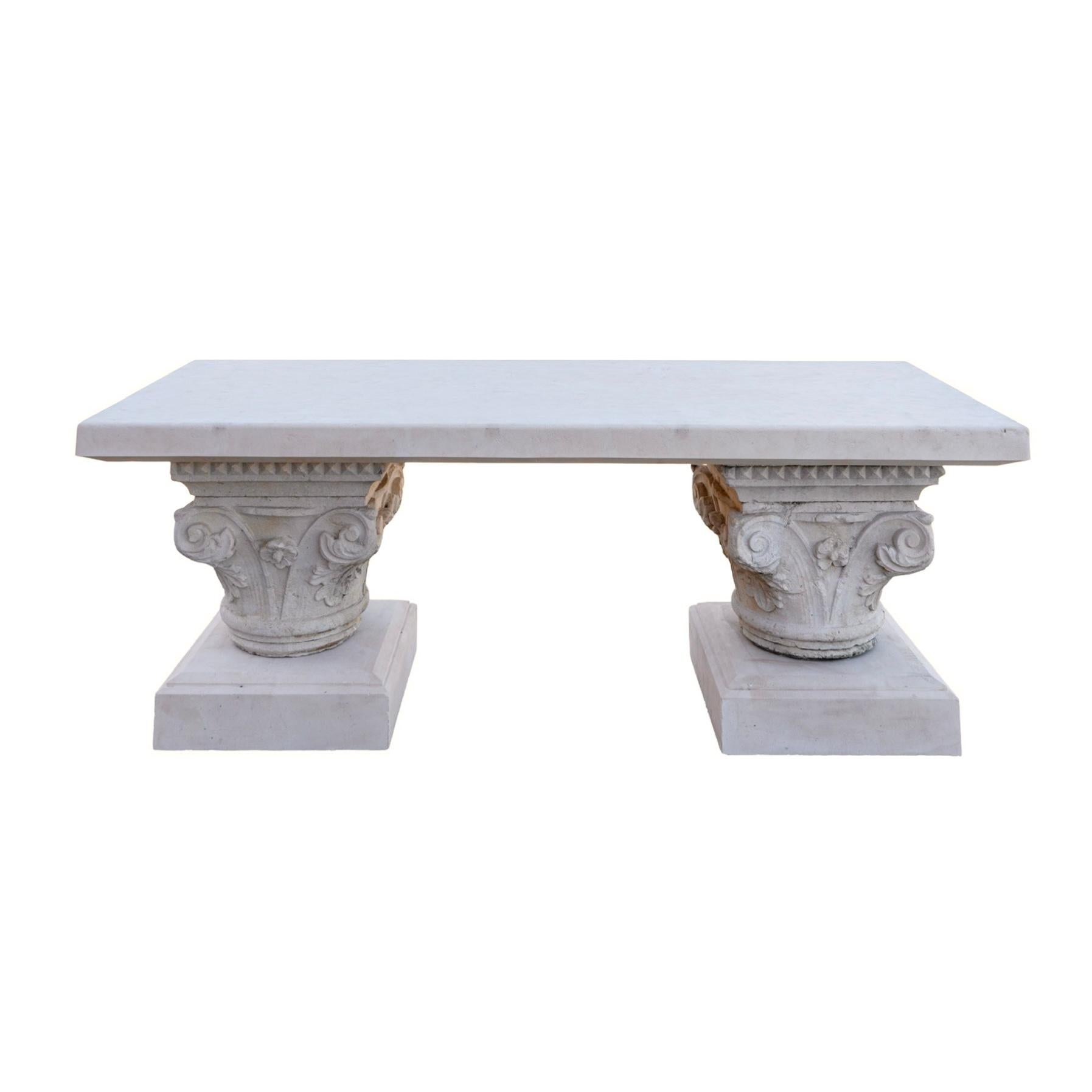 Elevate your outdoor space or garden with our bespoke limestone table, a perfect fusion of contemporary craftsmanship and timeless antique elegance. The sleek, modern tabletop and sturdy bottom bases are meticulously crafted to provide a sturdy and