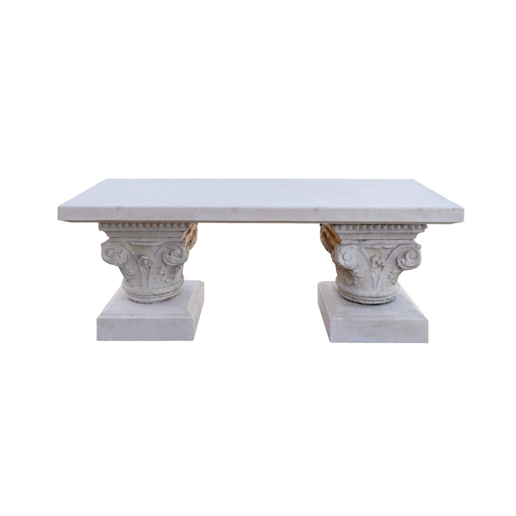 Bespoke Contemporary French Limestone Table with Antique Pillars In Good Condition In Dallas, TX