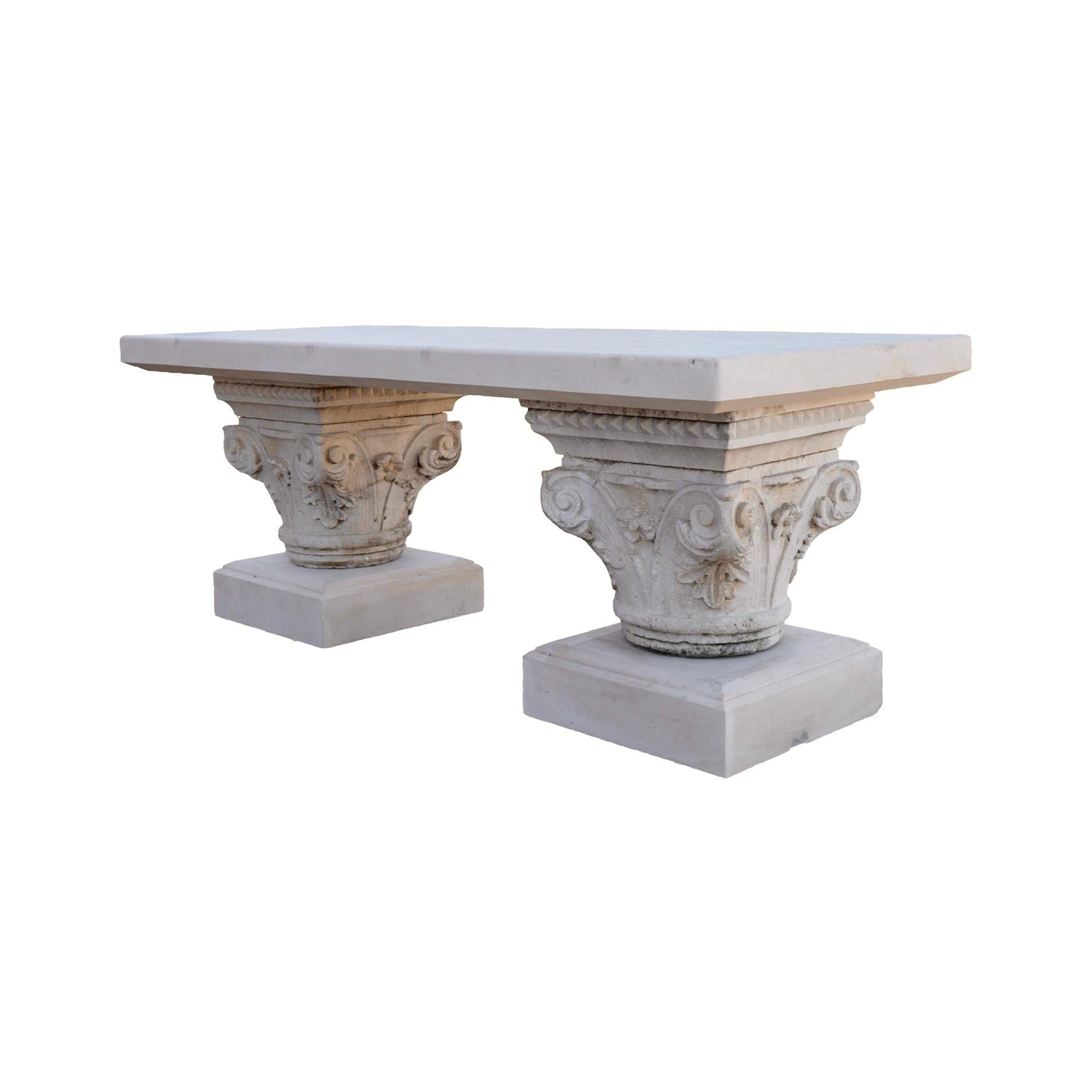 Bespoke Contemporary French Limestone Table with Antique Pillars 2
