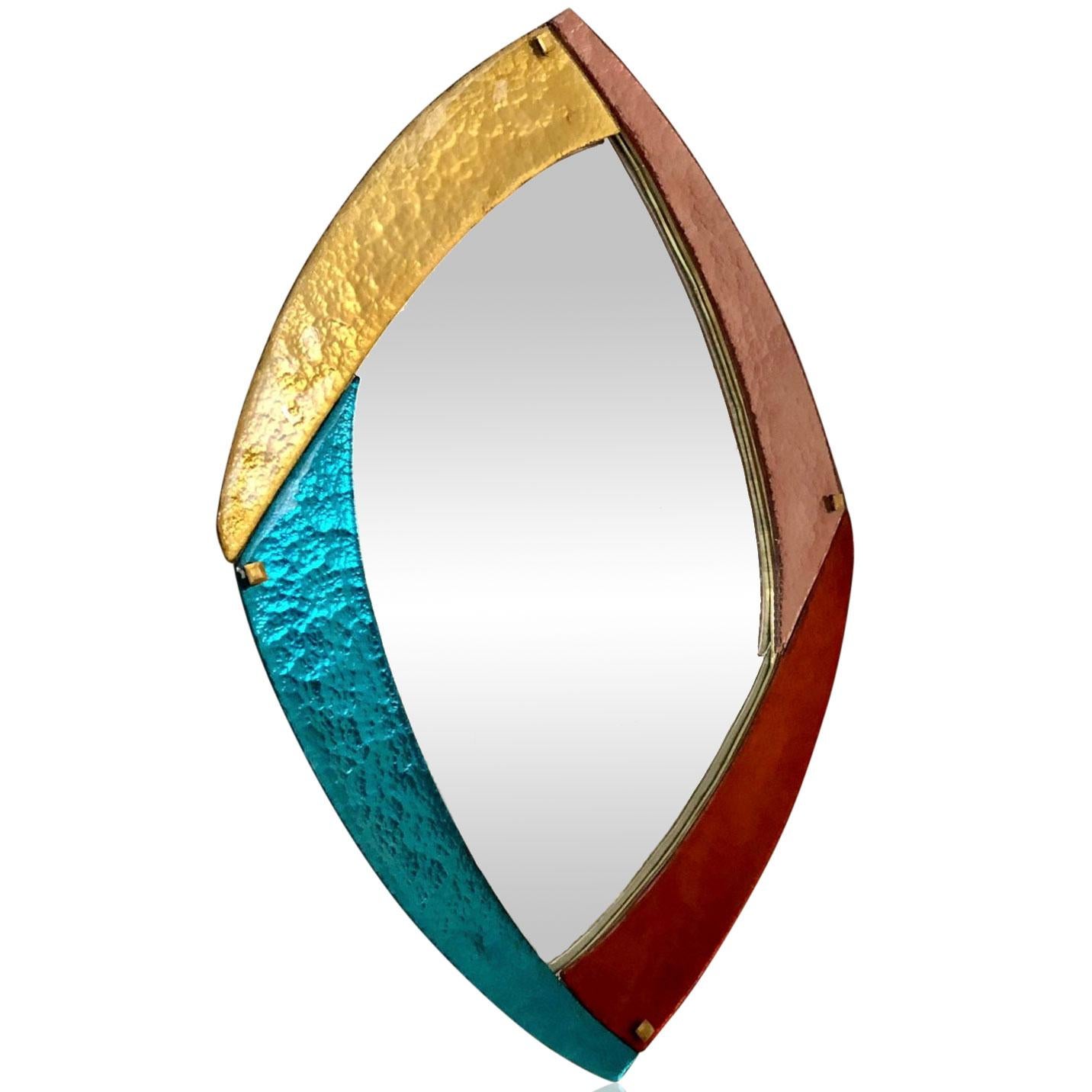 Brass Bespoke Contemporary Italian Memphis Design Gold Turquoise Murano Glass Mirror For Sale