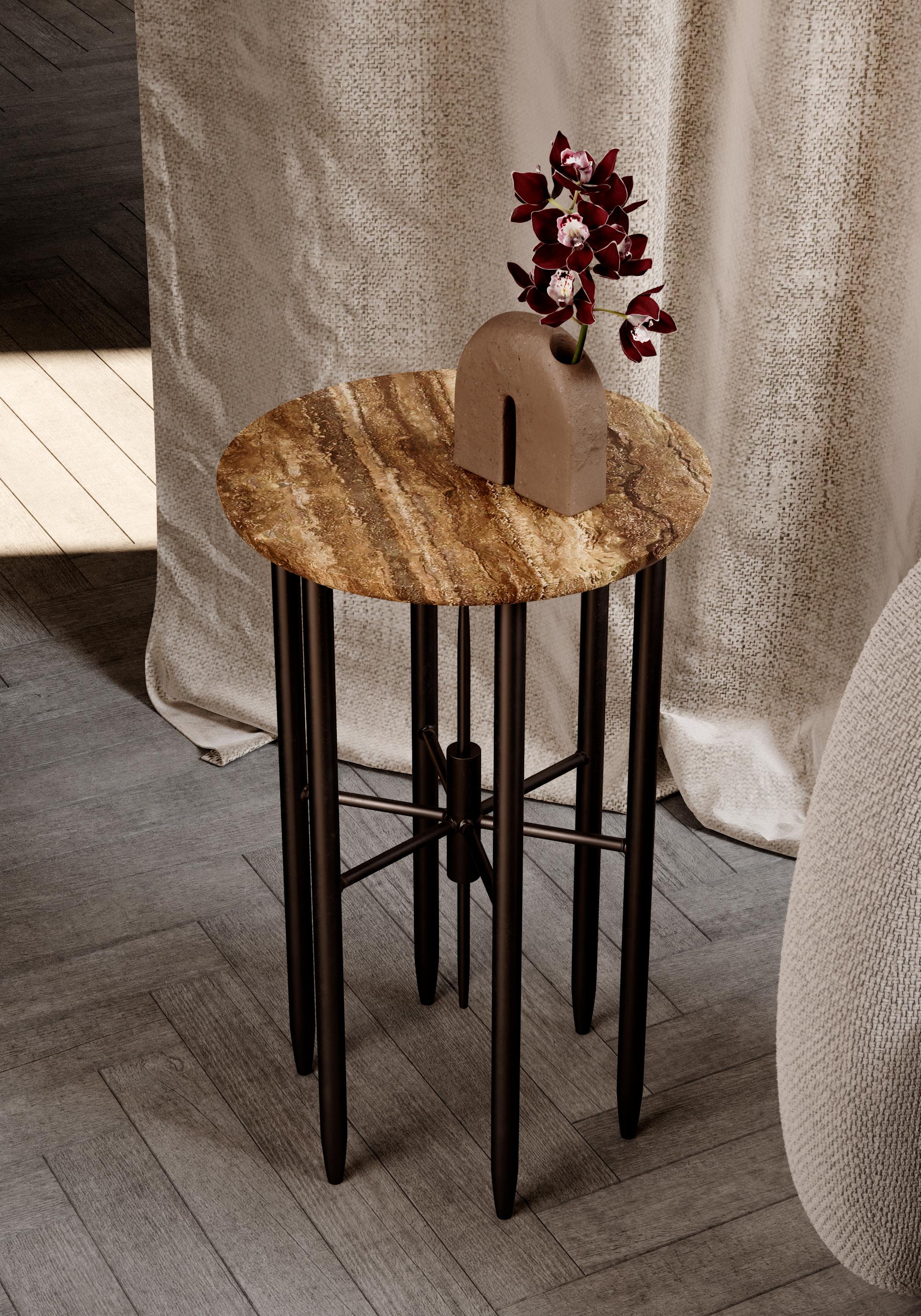 Exploring the anatomy of each design allows us to blend together the incredible diversity of the Middle Eastern culture into our Golestan series. Mirroring an architectural outline with our contemporary marble table, a disc-shaped dark brown marble