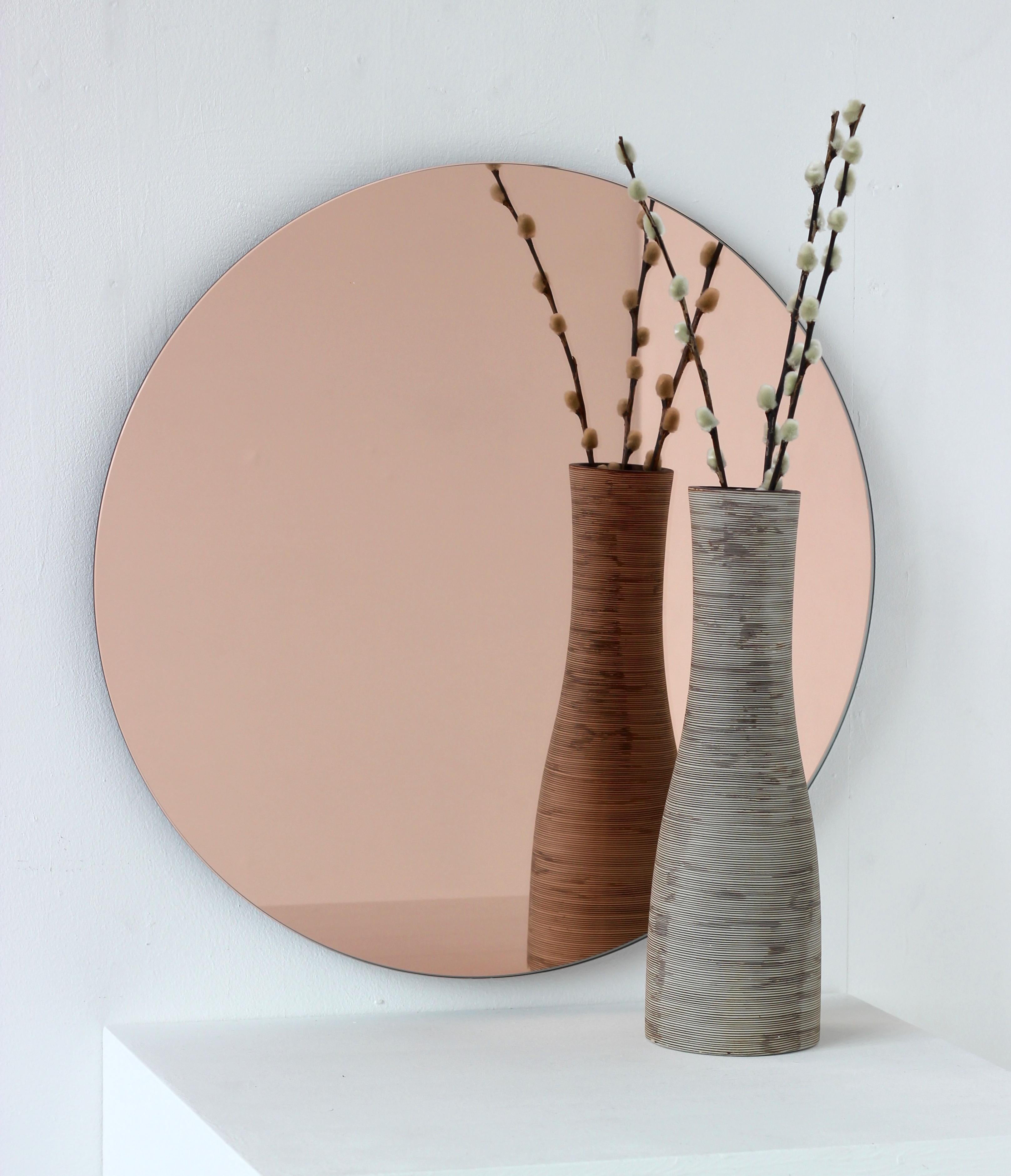 Organic Modern Orbis Rose / Peach Tinted Round Contemporary Frameless Mirror, Large For Sale