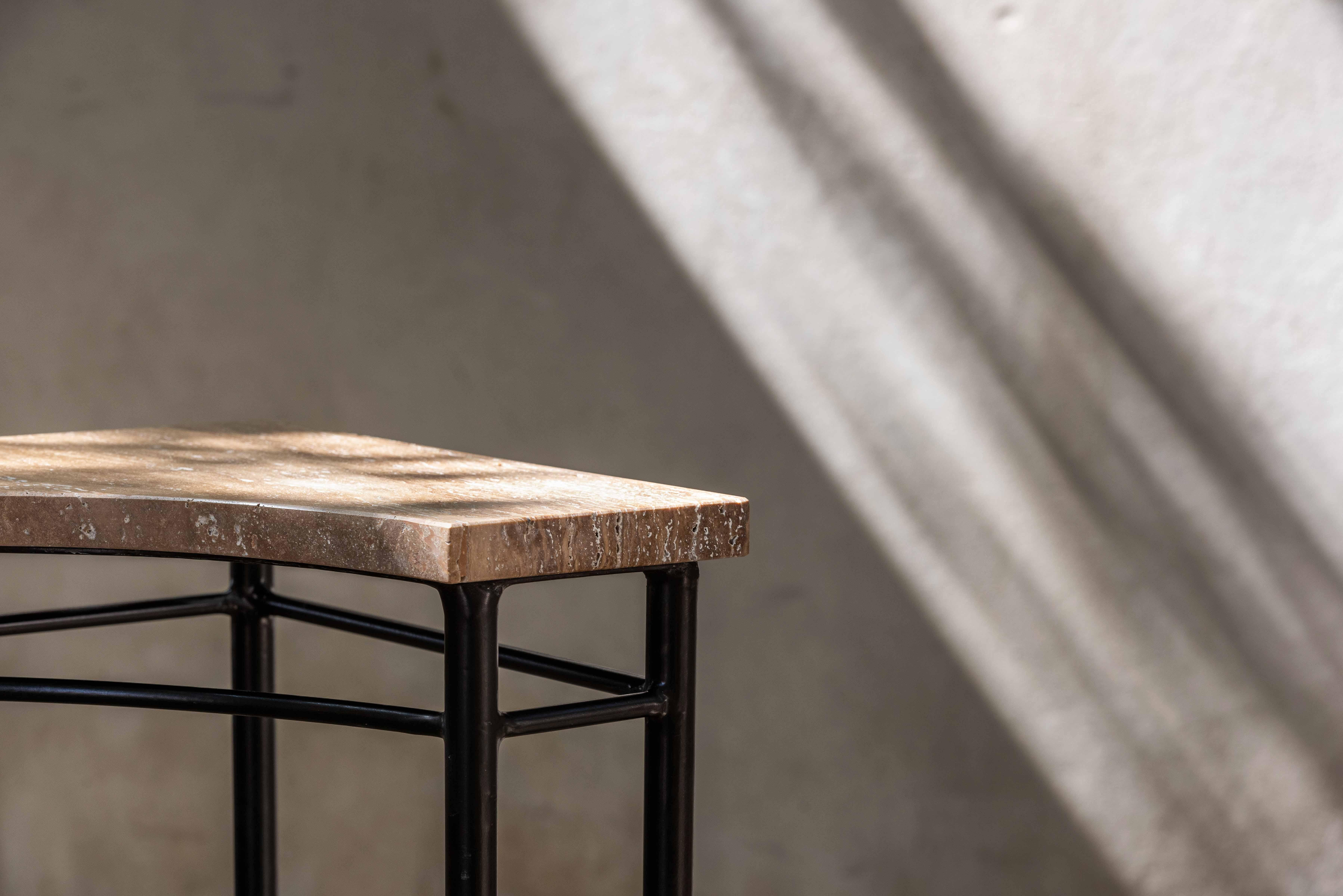 Stainless Steel Bespoke Contemporary Travertine Corner Table, by Chapter Studio For Sale