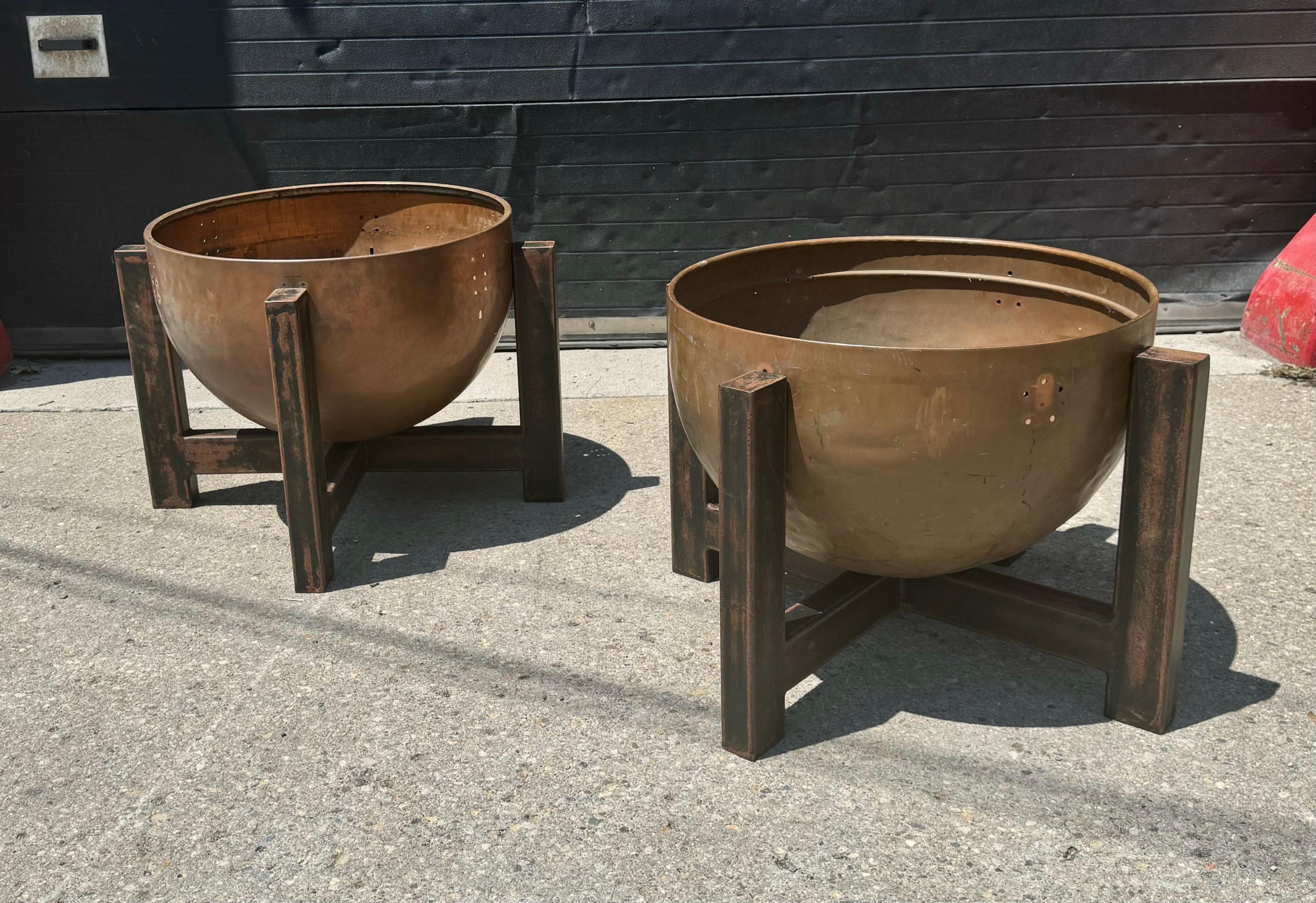 Bespoke Copper and Steel Arts and Crafts style Planters/ jardiniere / fire pit.. Classic Crafts design,, very Frank Lloyd Wright.,, pRcODUCED from solid copper Timpani Drums,, Steel Stands custom made to hold half round vessels.. Please