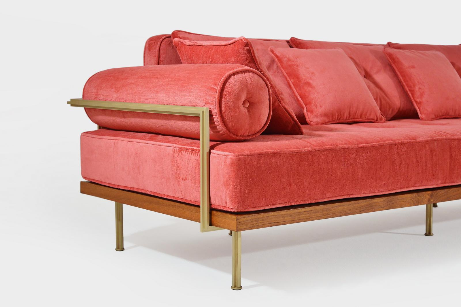 Brushed Bespoke Corner Sofa Reclaimed Hardwood & Brass Frame by P. Tendercool (Indoor) For Sale