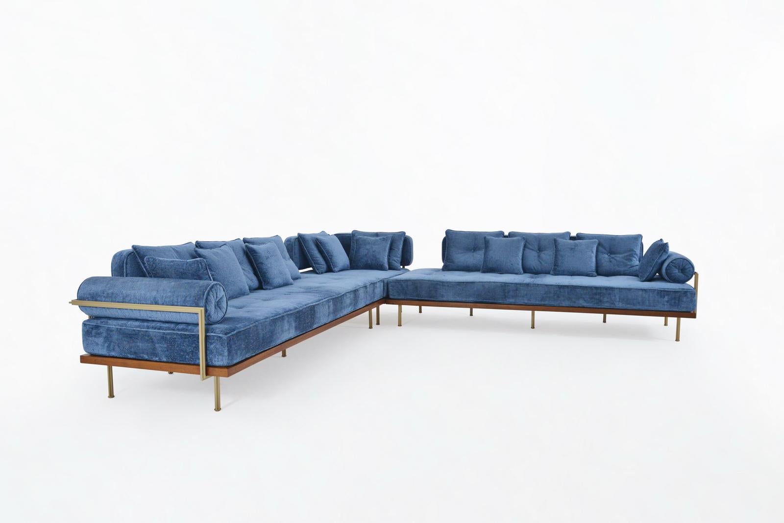 Mid-Century Modern Bespoke Corner Sofa with Brass and Reclaimed Hardwood Frame by P.Tendercool For Sale