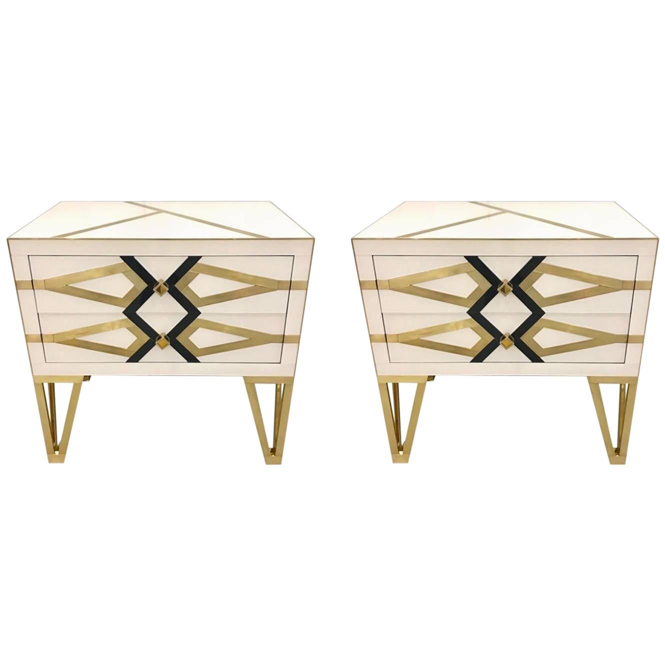 Bespoke Cosulich Creation Gold Brass Black & White Side Tables/Nightstands, Pair
