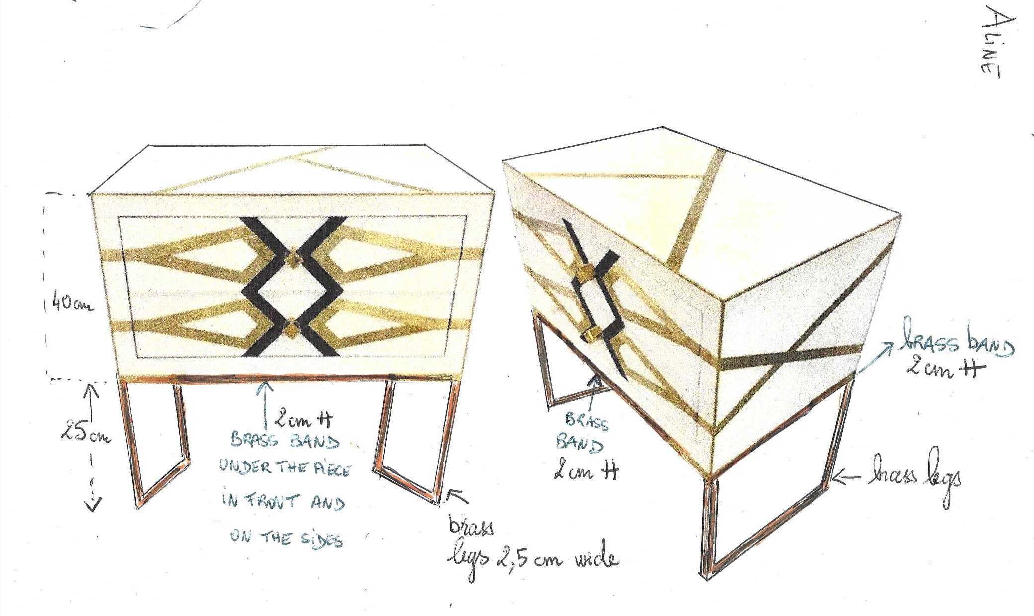 Bespoke Cosulich Creation Pair Gold Brass Black & White Side Tables/Nightstands 2
