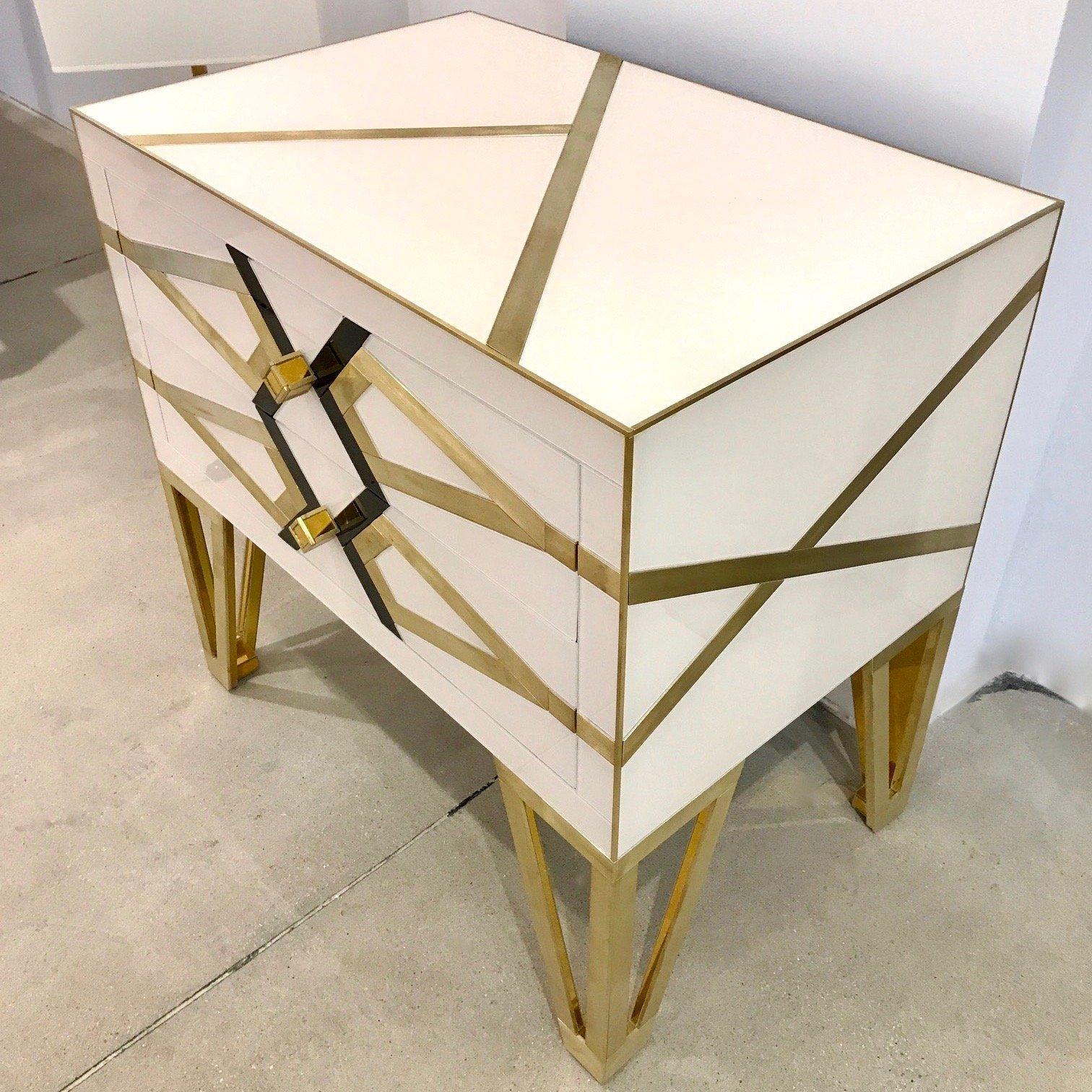 Modern Bespoke Cosulich Creation Gold Brass Black & White Side Tables/Nightstands, Pair