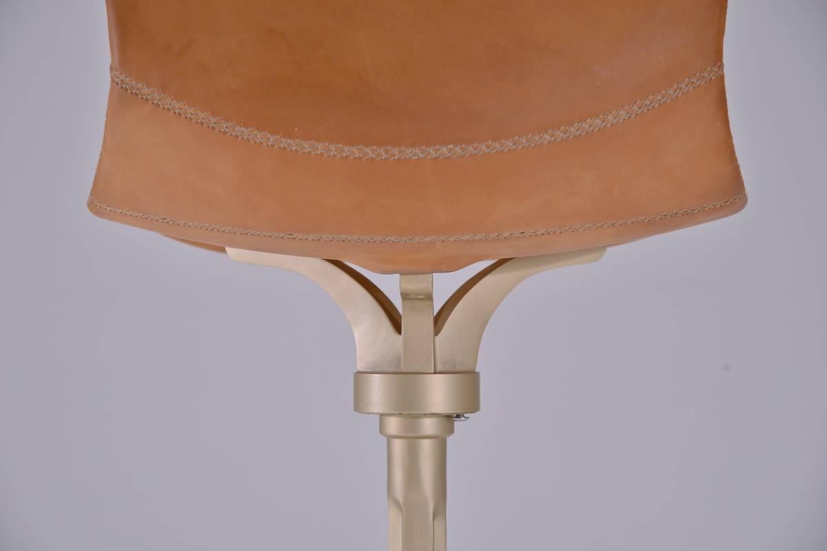 Thai Bespoke Counter-Height Swivel Chair, Leather and Brass by P. Tendercool For Sale