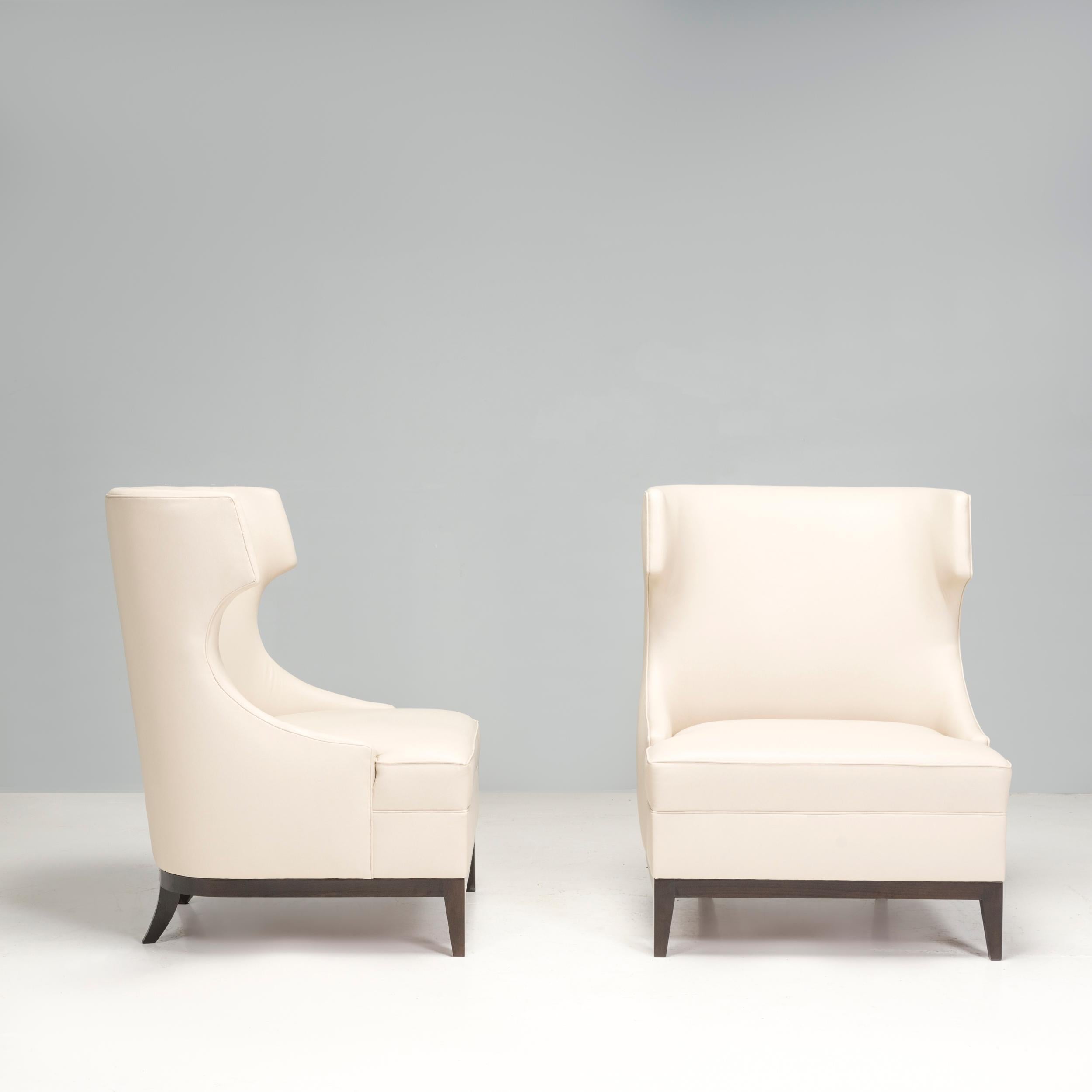 British Bespoke Cream Leather High Back Wingback Armchairs, Set of Two For Sale