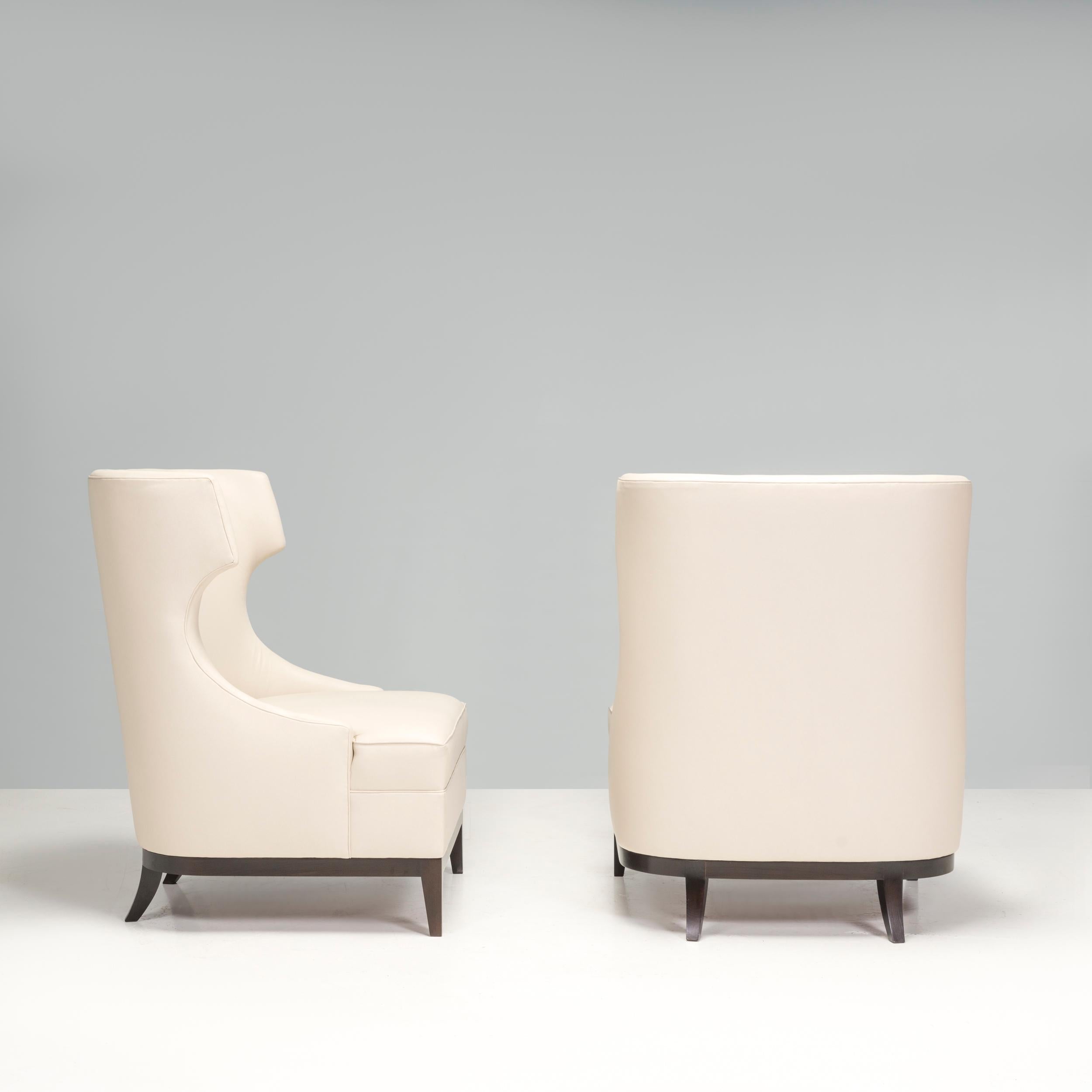 Bespoke Cream Leather High Back Wingback Armchairs, Set of Two In Excellent Condition For Sale In London, GB