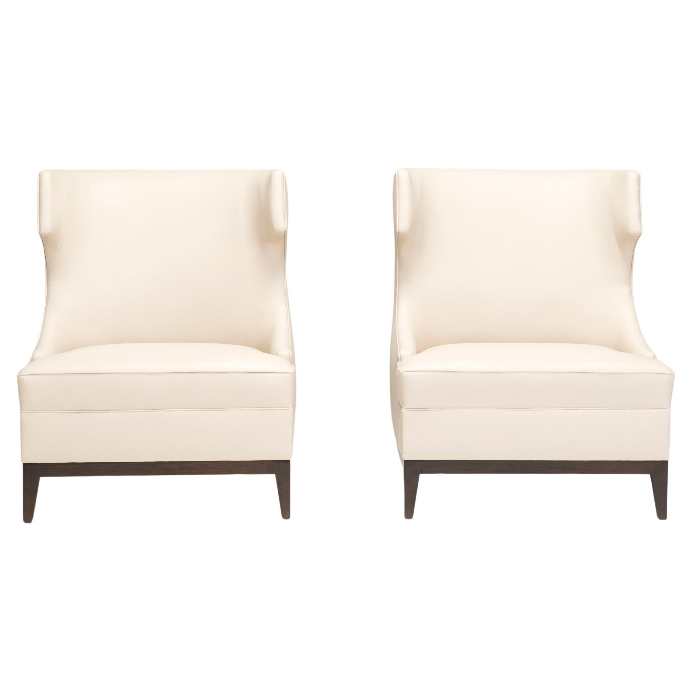 Bespoke Cream Leather High Back Wingback Armchairs, Set of Two For Sale