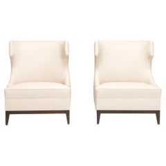 Used Bespoke Cream Leather High Back Wingback Armchairs, Set of Two