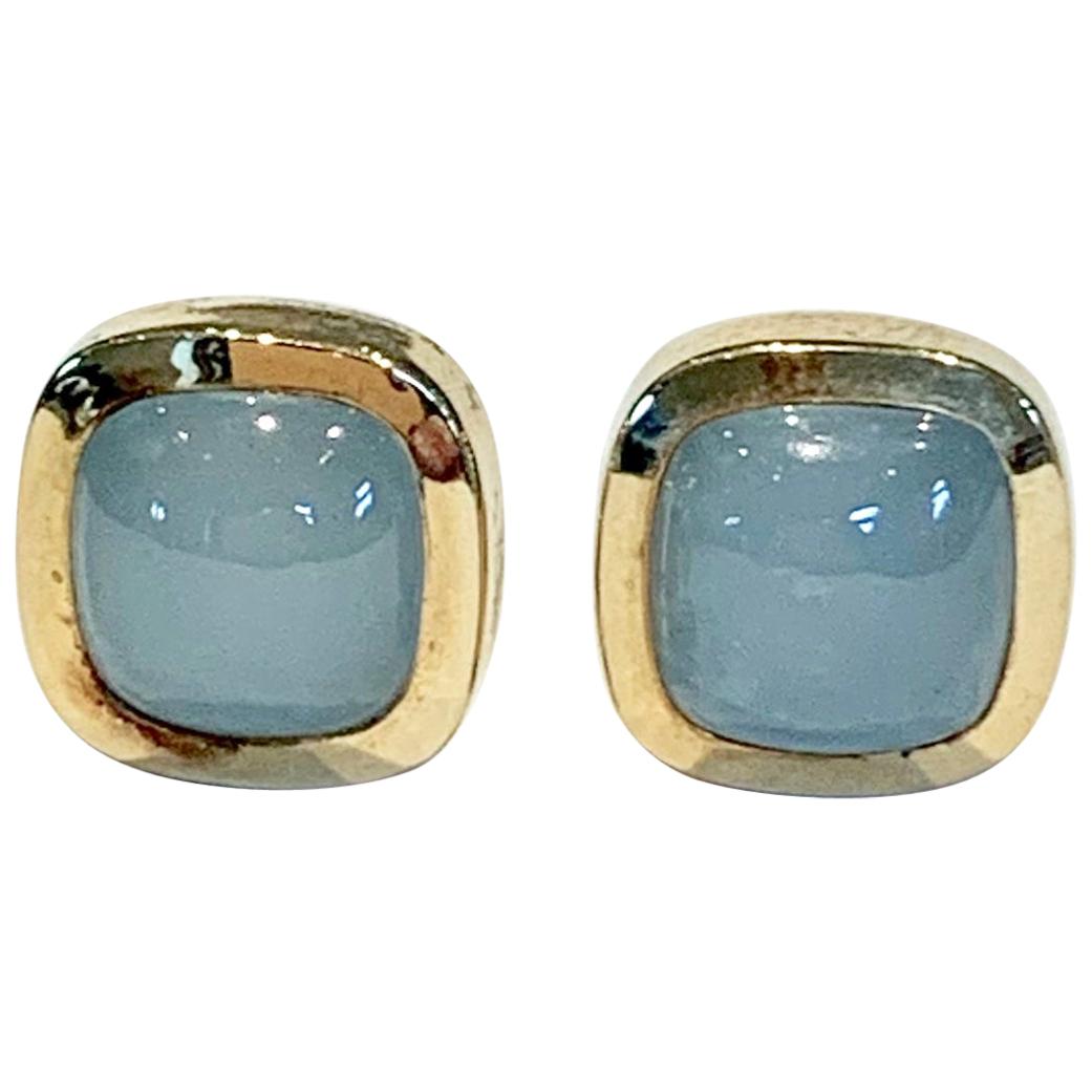 Bespoke Cushion Cut Cabochon Aquamarine Bezel Earrings in 18 Carat Yellow Gold For Sale