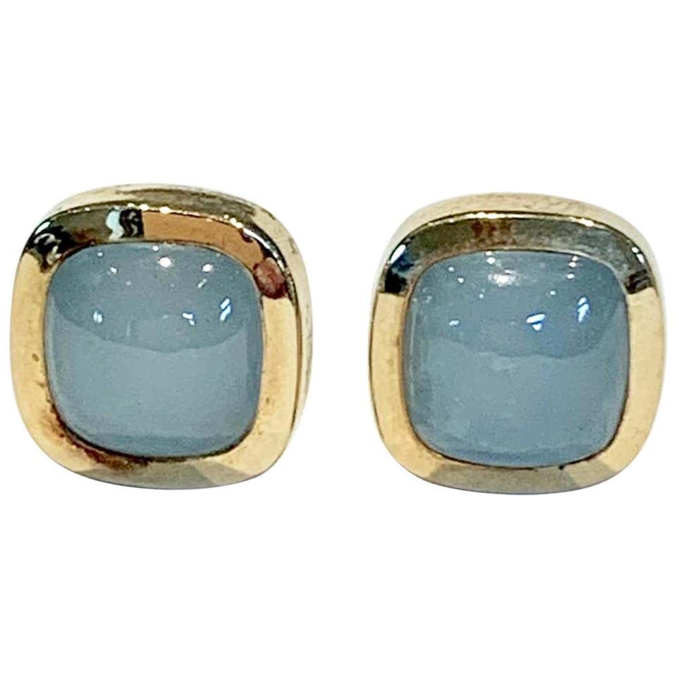 Bespoke Cushion Cut Cabochon Aquamarine Bezel Earrings in 18 Carat ...