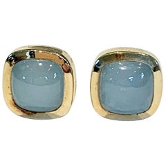 Bespoke Cushion Cut Cabochon Aquamarine Bezel Earrings in 18 Carat Yellow Gold