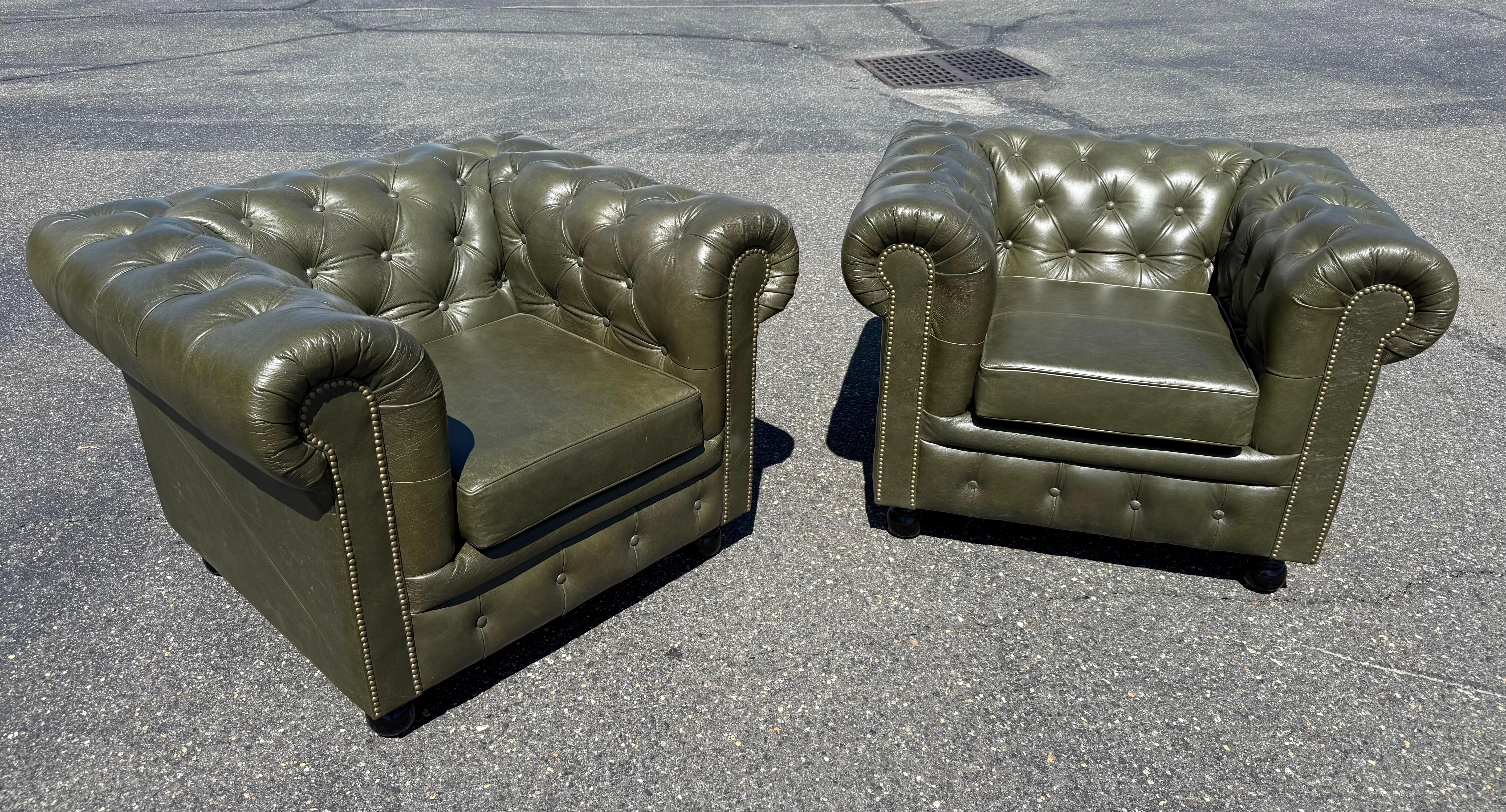 Bespoke Custom-Made English Olive Green Genuine Leather Chesterfield Club Chairs For Sale 6