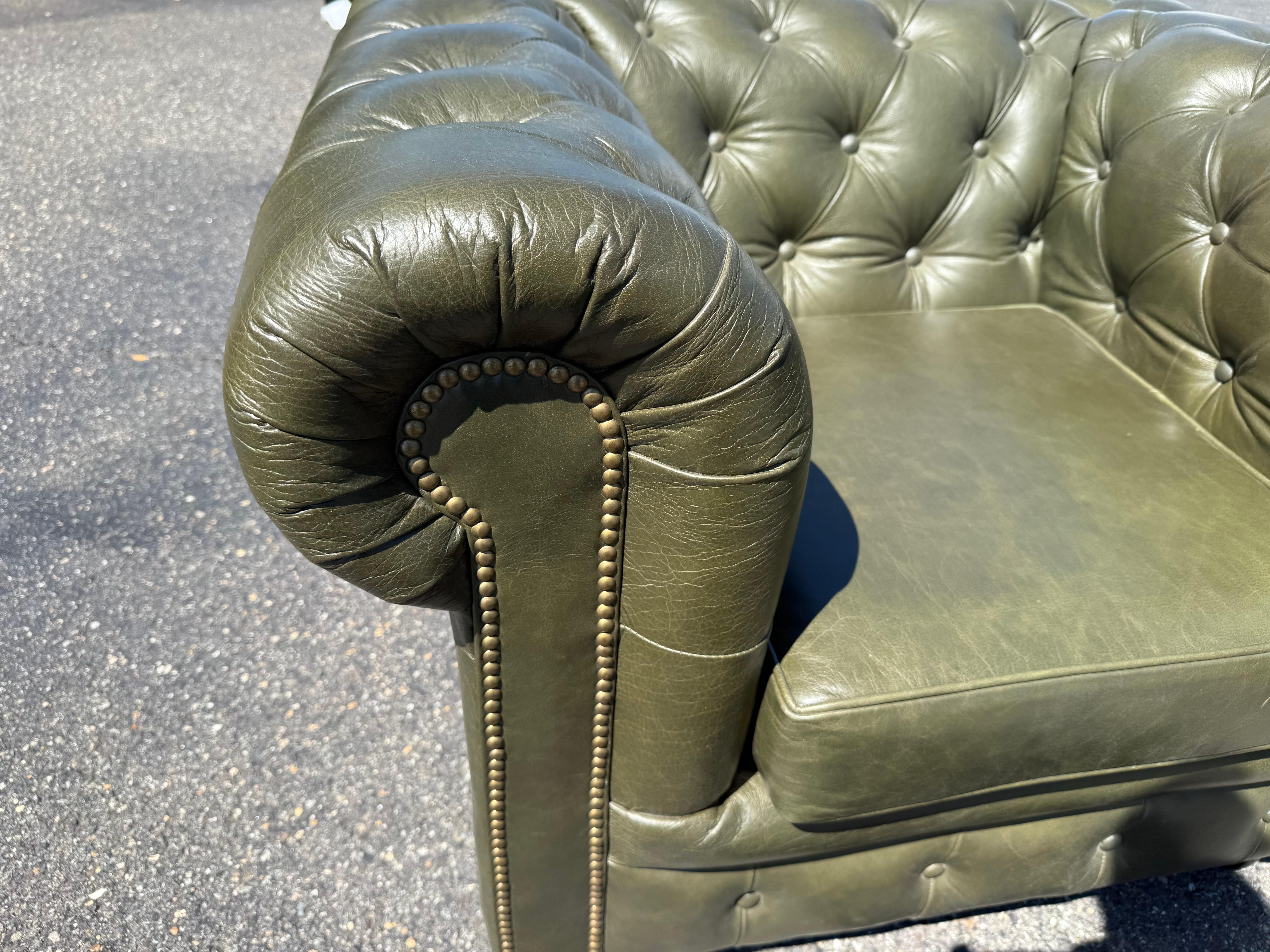 Bespoke Custom-Made English Olive Green Genuine Leather Chesterfield Club Chairs For Sale 7