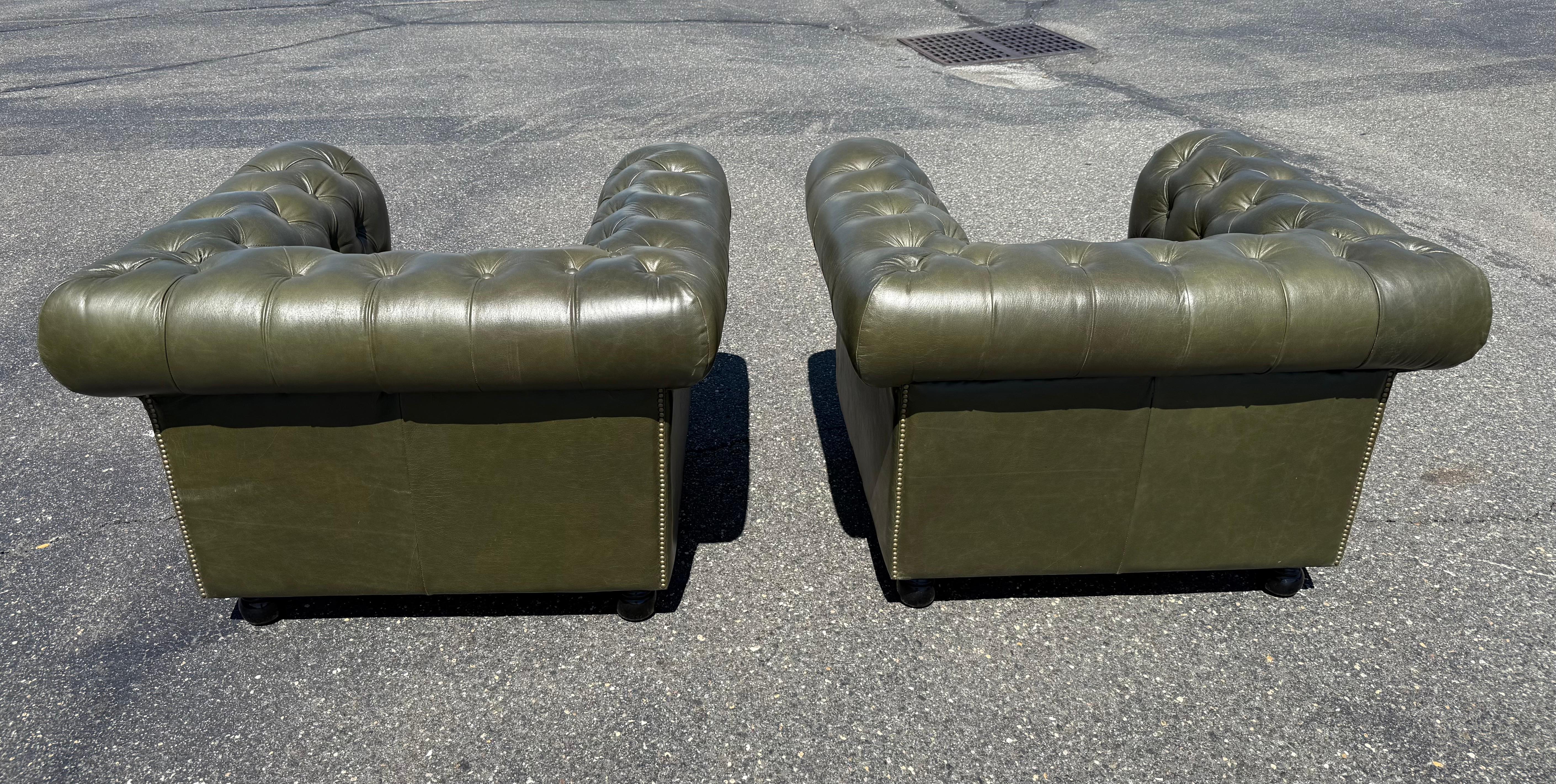 Bespoke Custom-Made English Olive Green Genuine Leather Chesterfield Club Chairs For Sale 8