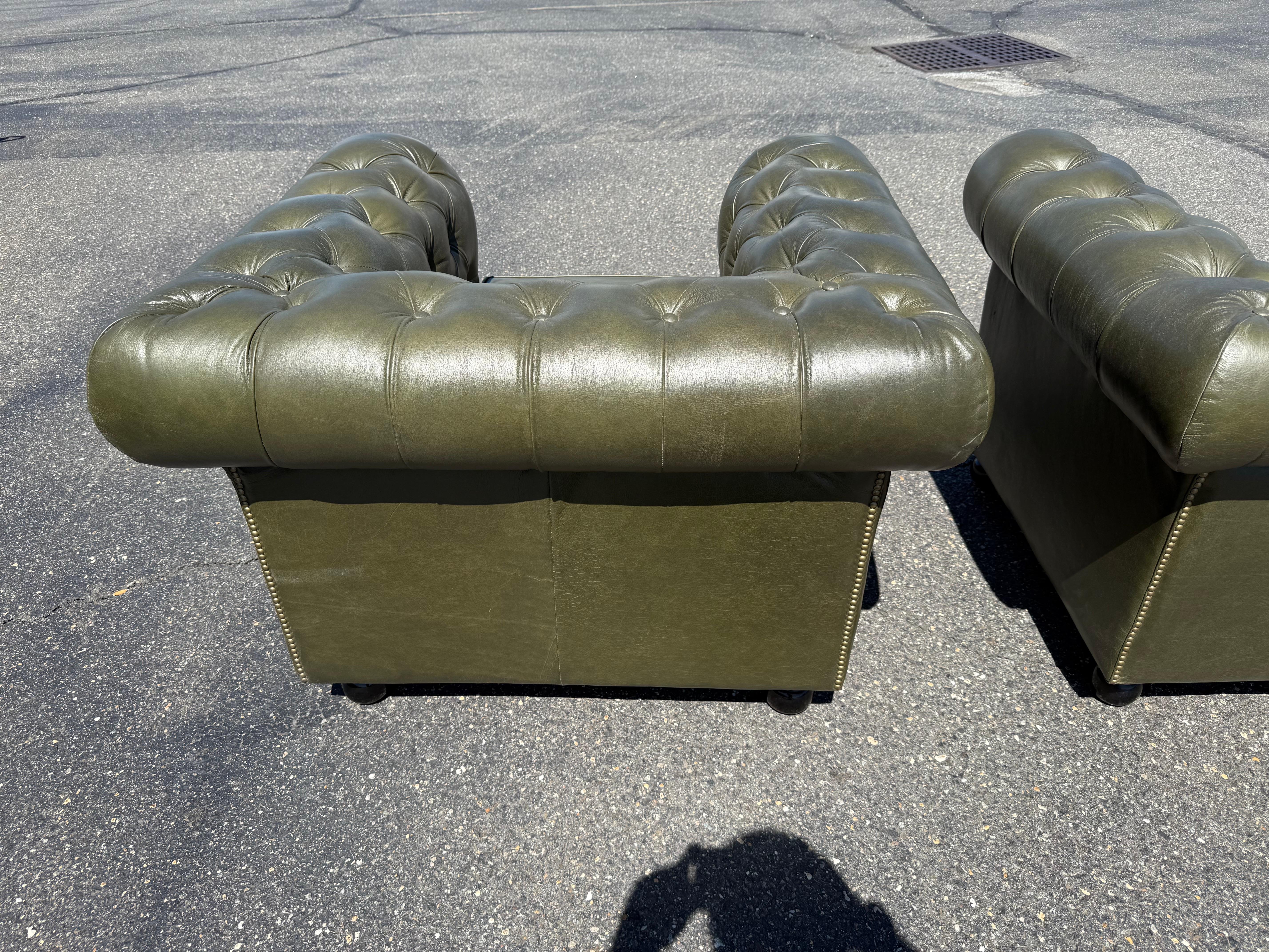 Bespoke Custom-Made English Olive Green Genuine Leather Chesterfield Club Chairs For Sale 9