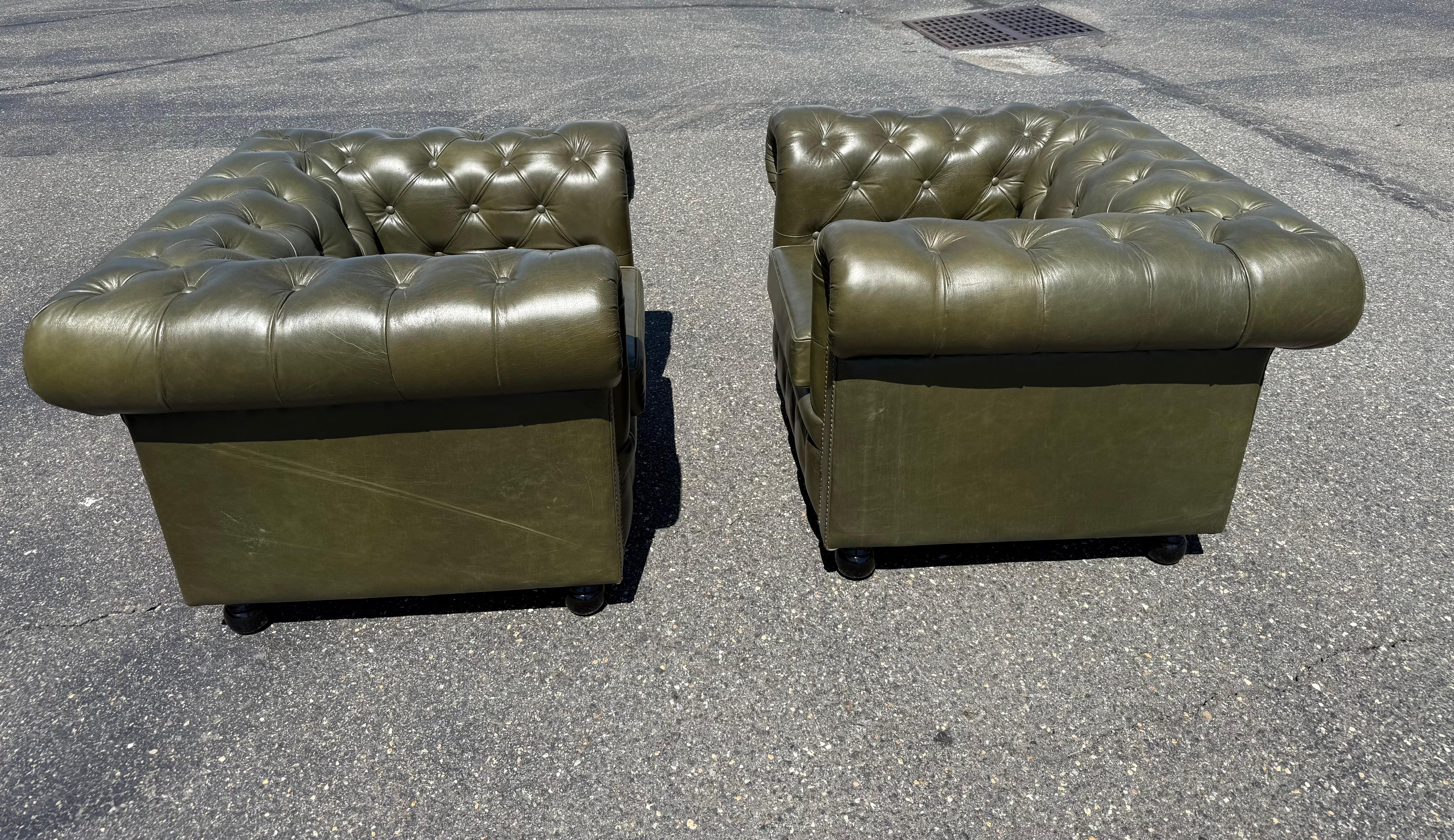 Bespoke Custom-Made English Olive Green Genuine Leather Chesterfield Club Chairs For Sale 13
