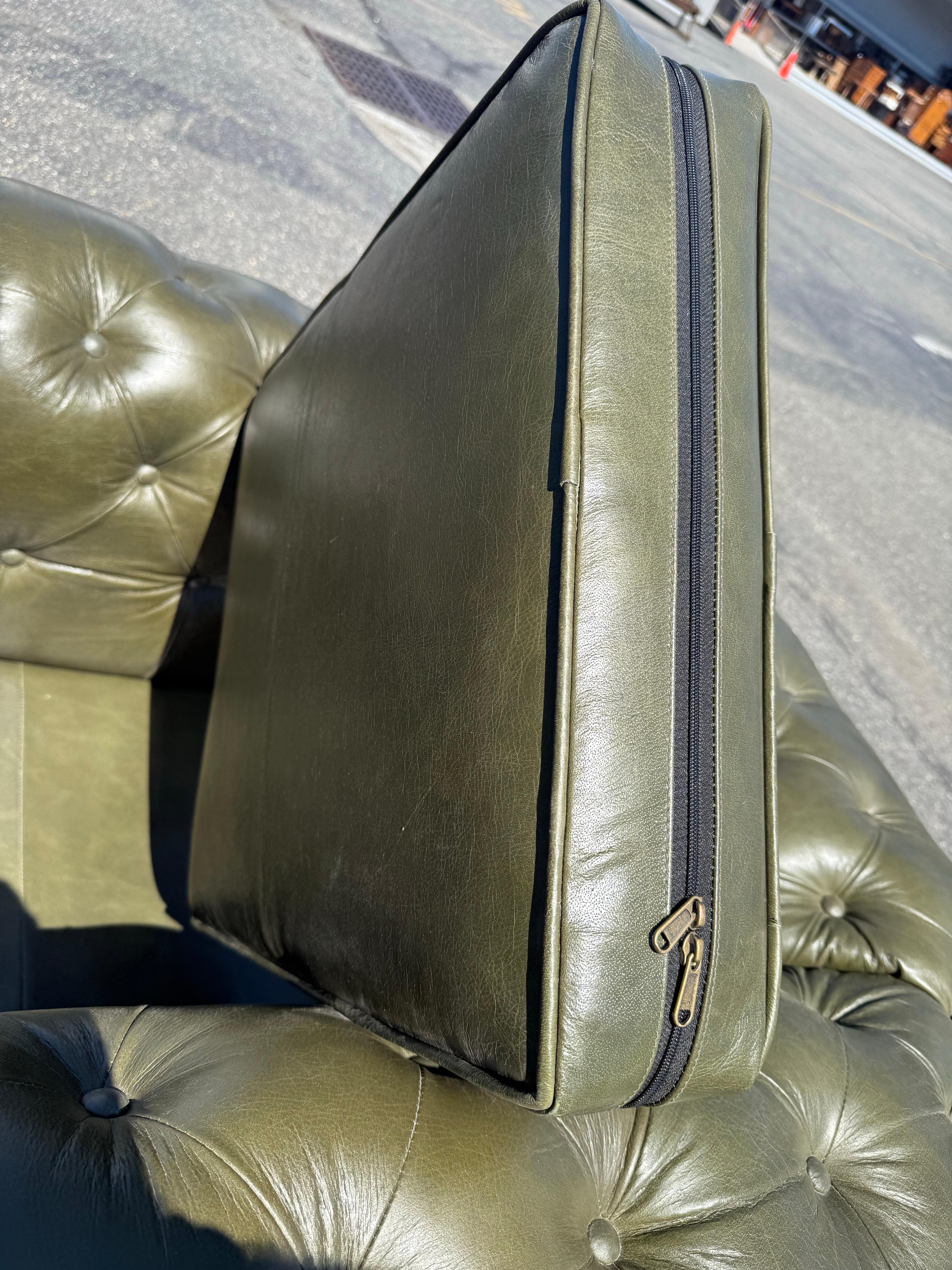 Bespoke Custom-Made English Olive Green Genuine Leather Chesterfield Club Chairs For Sale 14