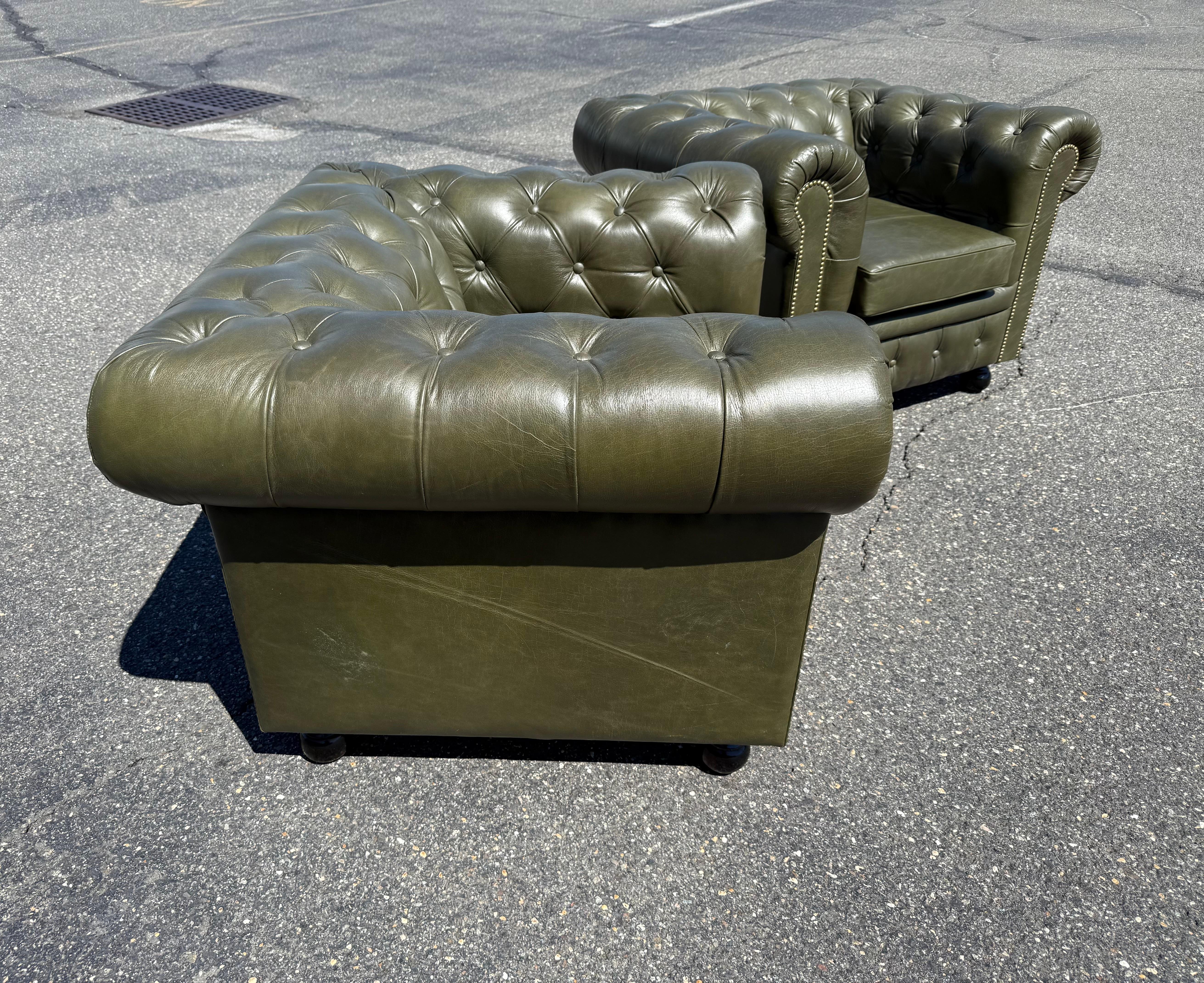 Bespoke Custom-Made English Olive Green Genuine Leather Chesterfield Club Chairs For Sale 1