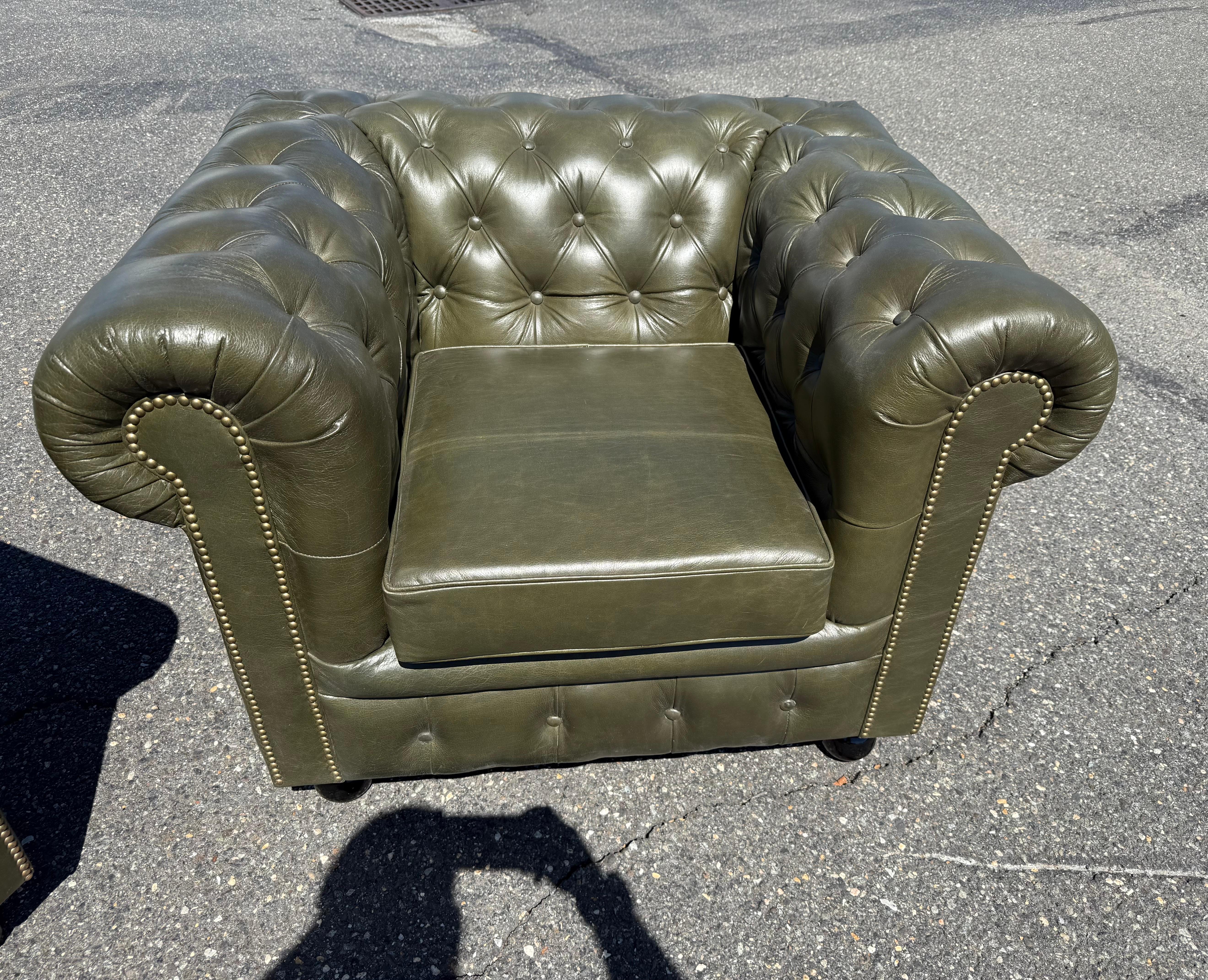 Bespoke Custom-Made English Olive Green Genuine Leather Chesterfield Club Chairs For Sale 3