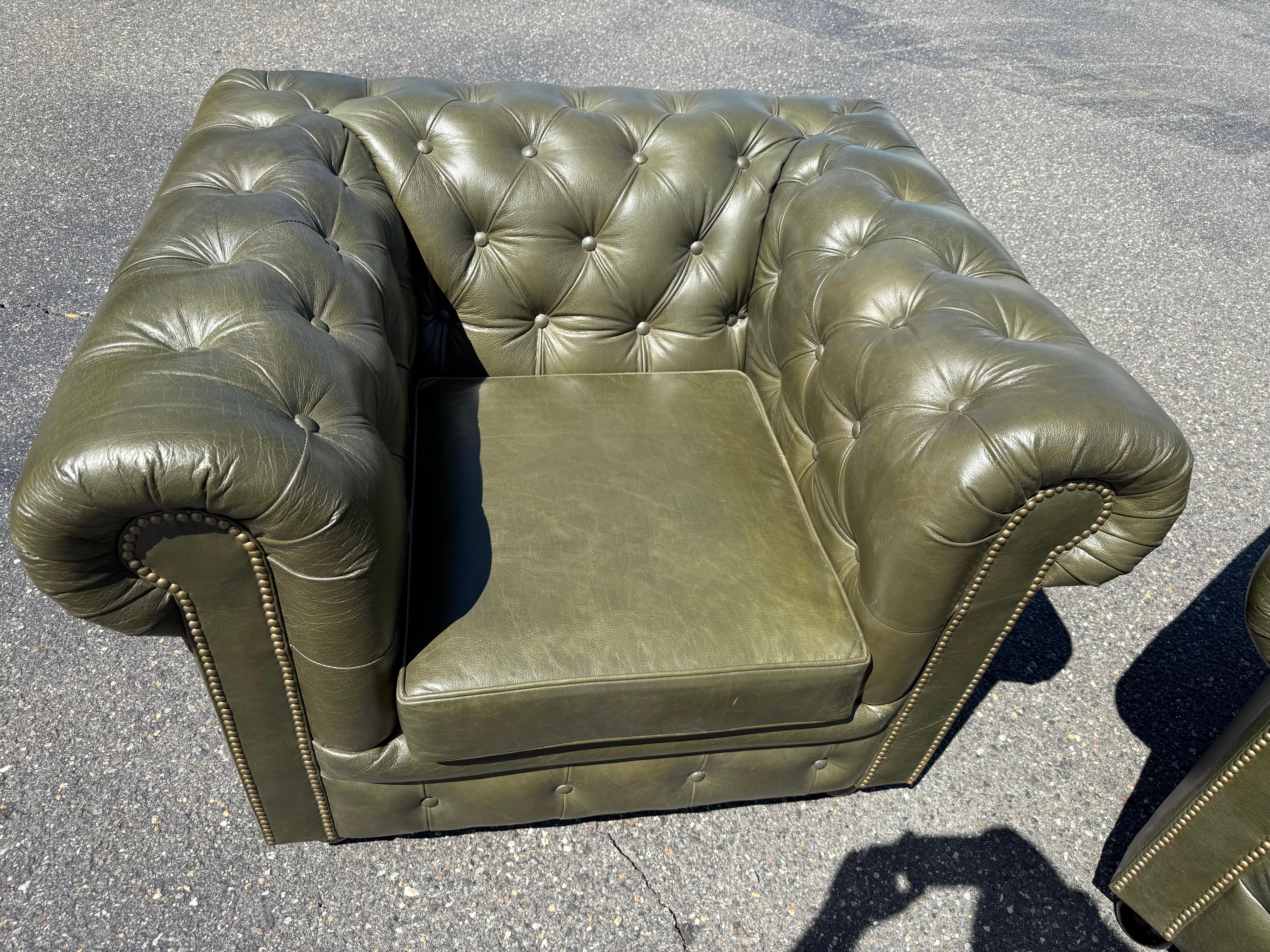 Bespoke Custom-Made English Olive Green Genuine Leather Chesterfield Club Chairs For Sale 5
