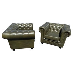 Bespoke Custom-Made English Olive Green Genuine Leather Chesterfield Club Chairs