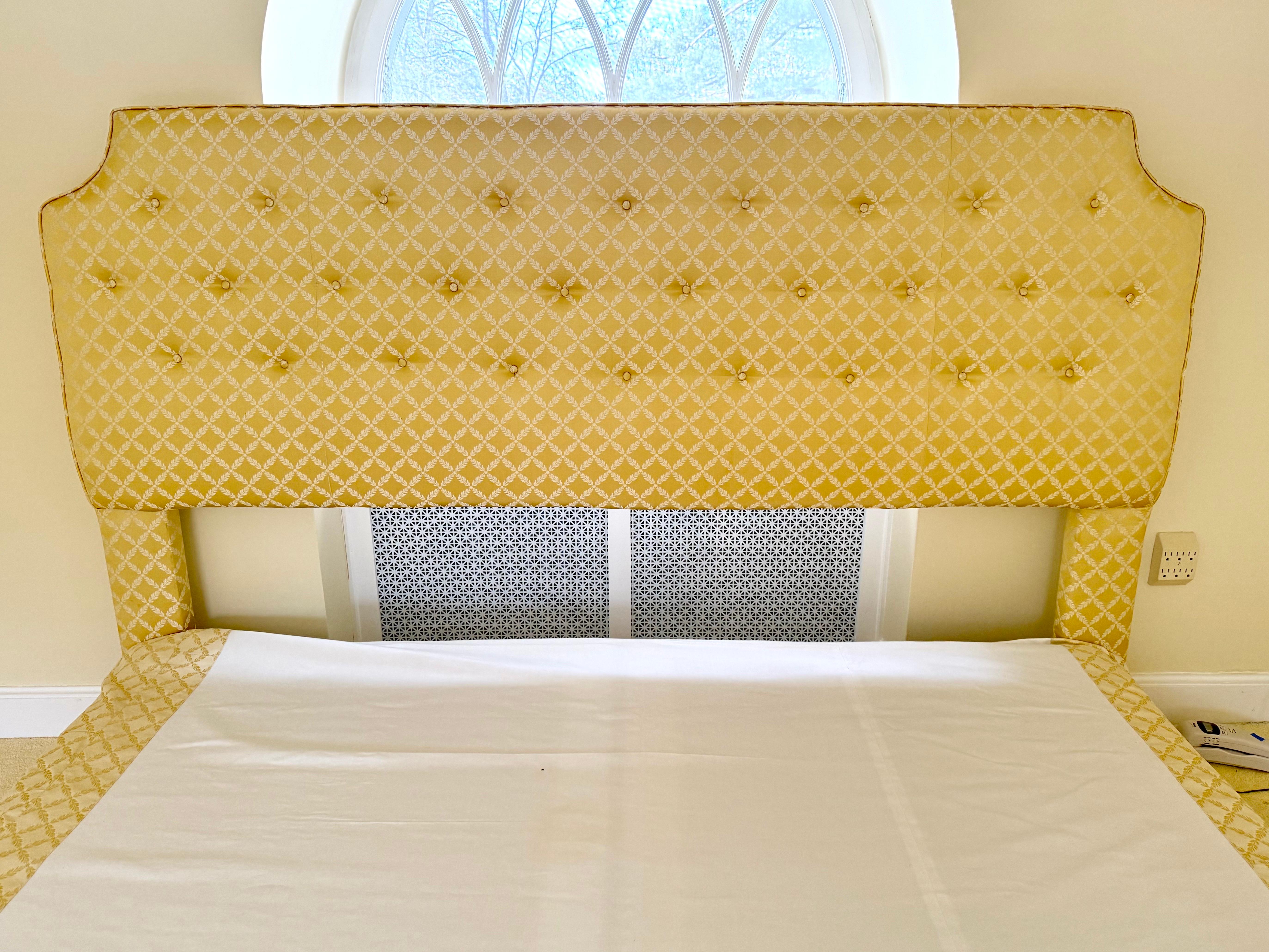 Bespoke custom made king size headboard upholstered in a yellow and white trellis print fabric.  Includes headboard and bed skirt only - not a bed frame or boxspring.  Why not own the best?