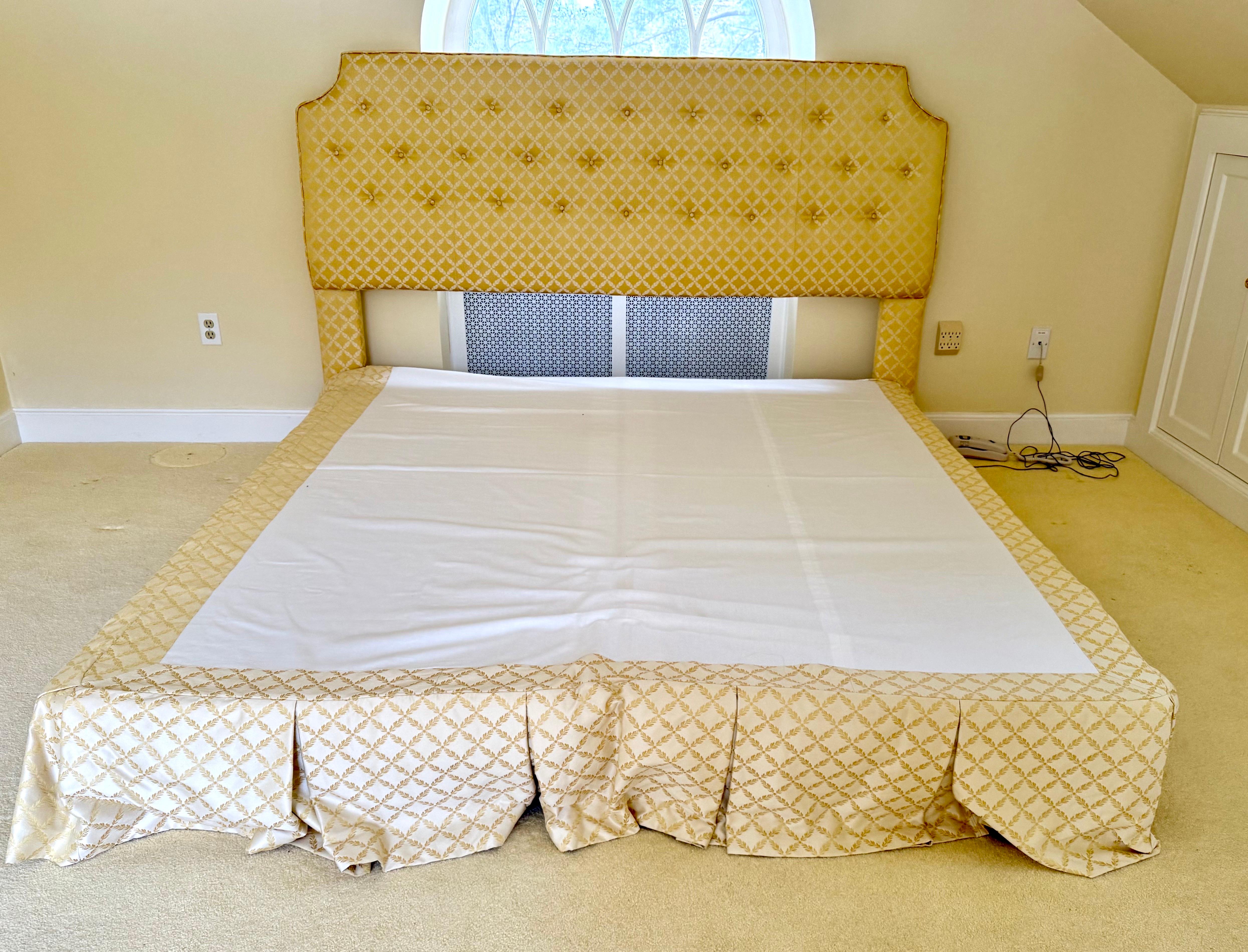 Bespoke Custom Upholstered Yellow Trellis King Size Headboard & Bed Skirt In Good Condition For Sale In West Hartford, CT