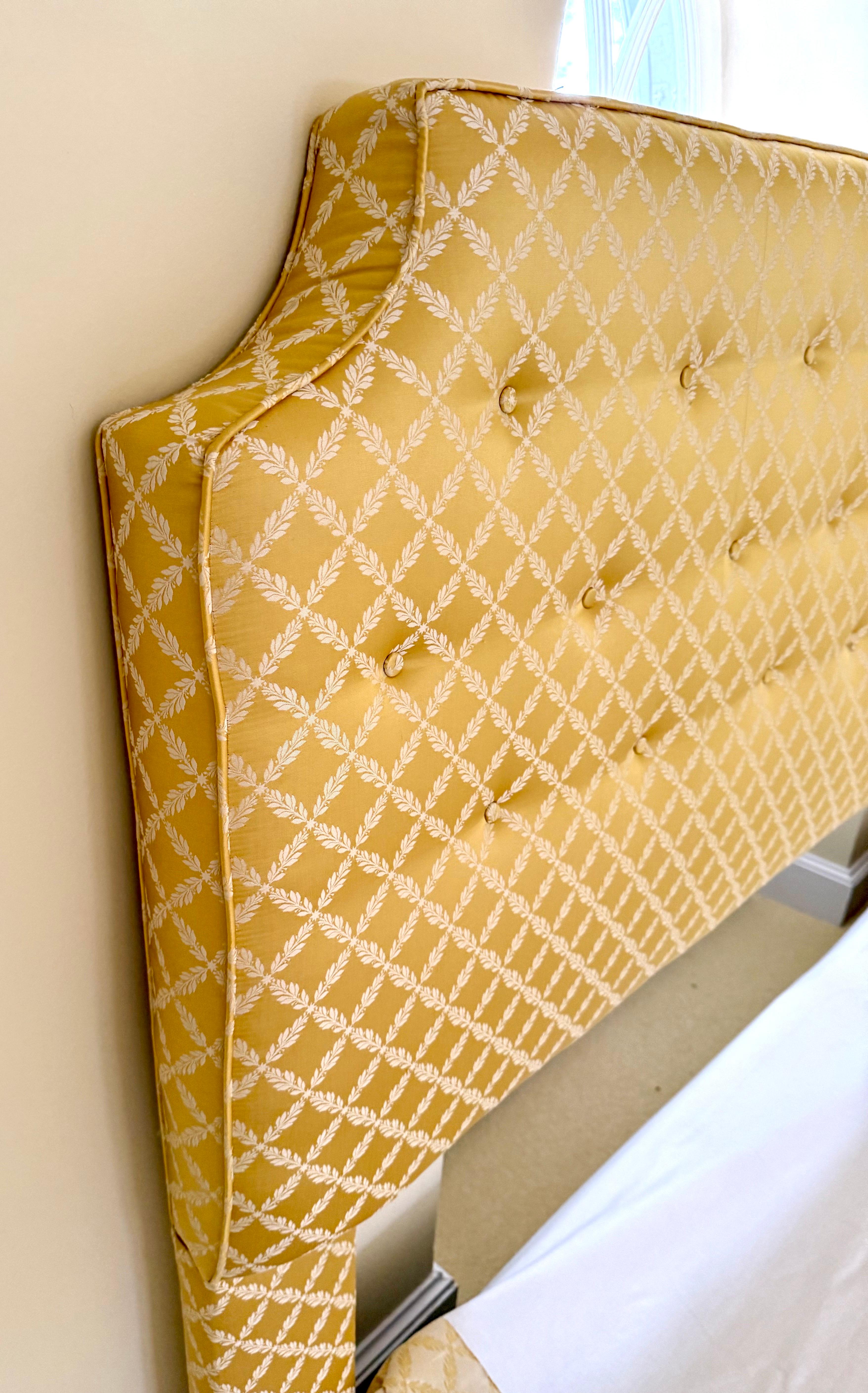 Contemporary Bespoke Custom Upholstered Yellow Trellis King Size Headboard & Bed Skirt For Sale
